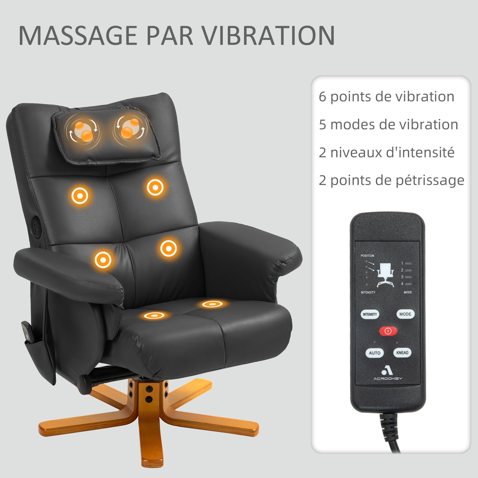 Fauteuil massant avec repose-pied fauteuil relax salon - dossier inclinable jusqu'à 135°, coffre de rangement, appuie-tête et et télécommande - revêtement synthétique noir