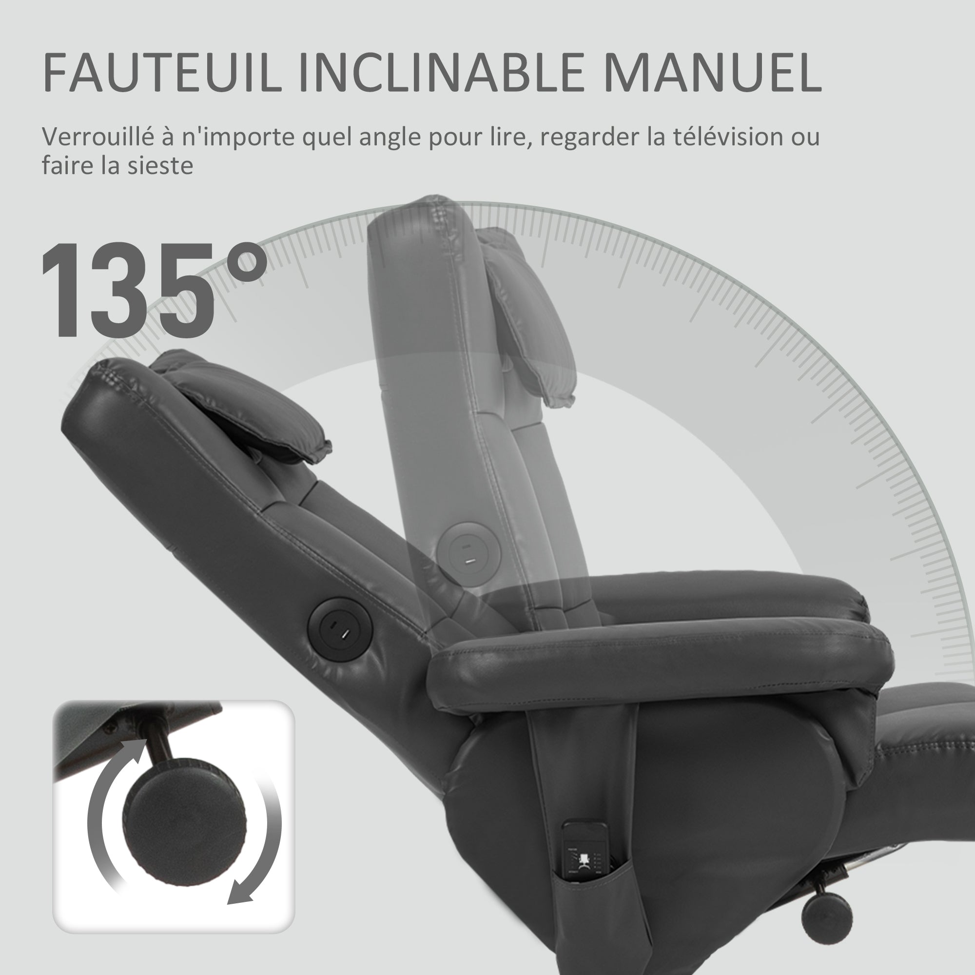Fauteuil massant avec repose-pied fauteuil relax salon - dossier inclinable jusqu'à 135°, coffre de rangement, appuie-tête et et télécommande - revêtement synthétique noir