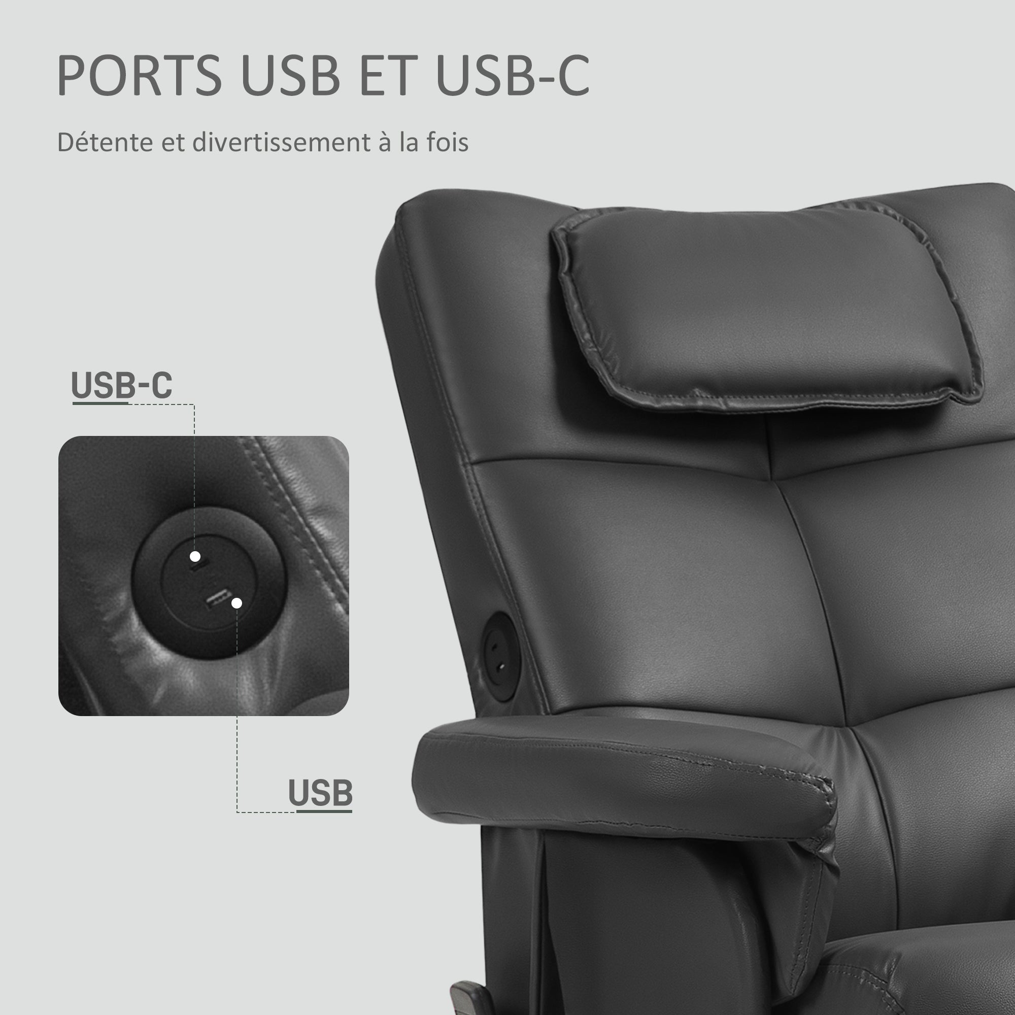 Fauteuil massant avec repose-pied fauteuil relax salon - dossier inclinable jusqu'à 135°, coffre de rangement, appuie-tête et et télécommande - revêtement synthétique noir