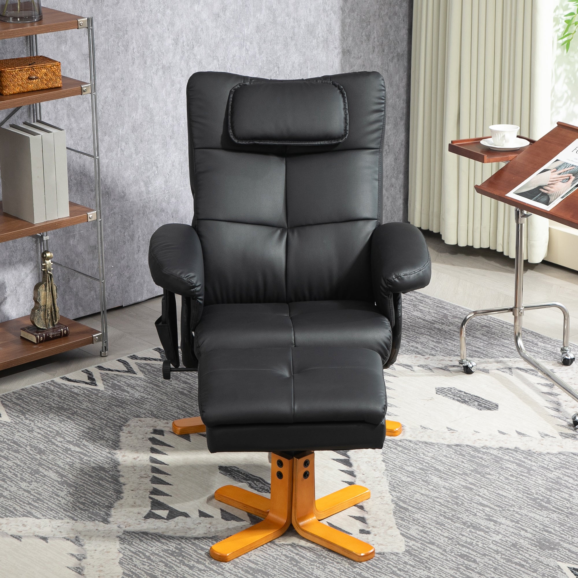 Fauteuil massant avec repose-pied fauteuil relax salon - dossier inclinable jusqu'à 135°, coffre de rangement, appuie-tête et et télécommande - revêtement synthétique noir