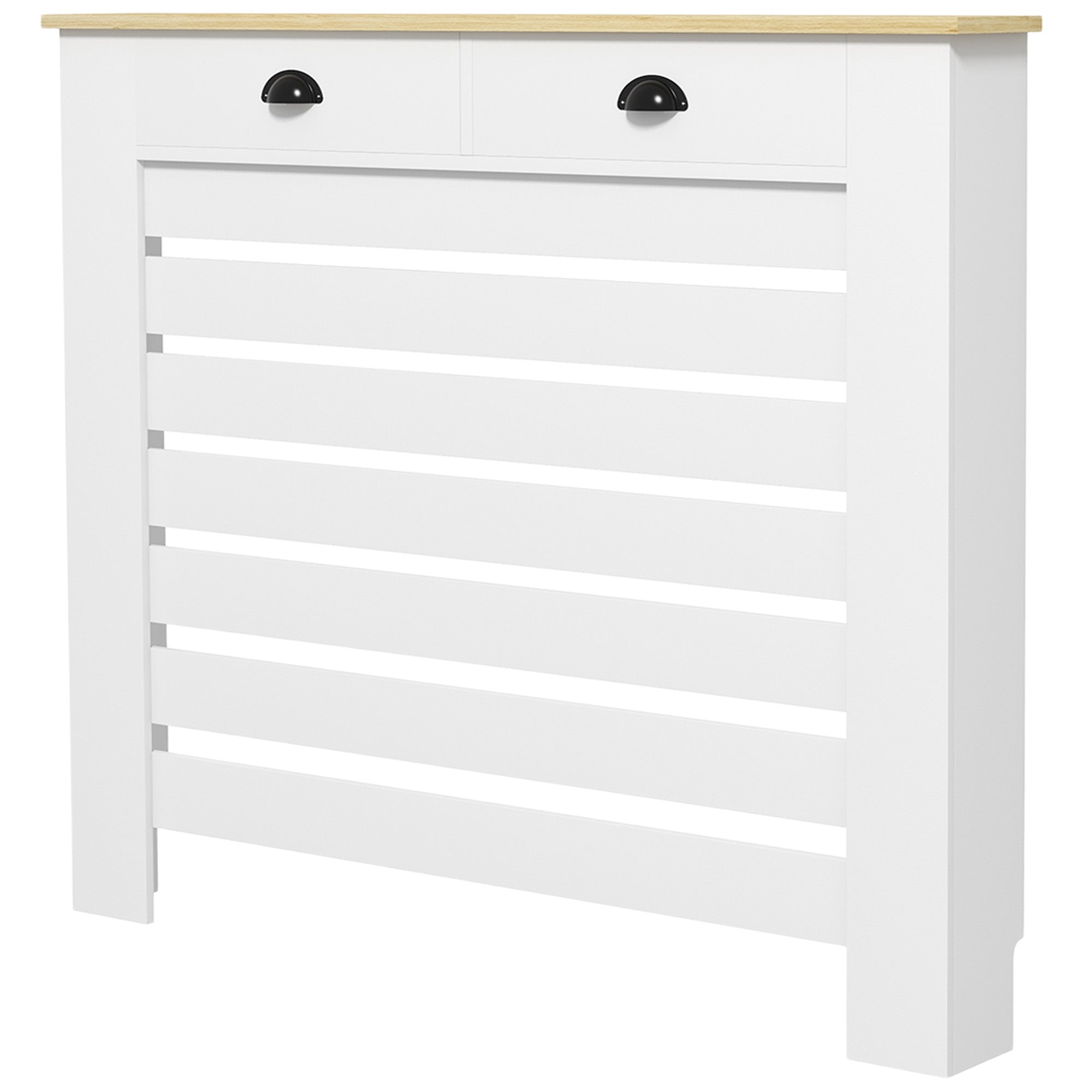Couvercle de radiateur, cache radiateur, grille à lattes horizontales, avec 2 tiroirs, pour salon, chambre à coucher, couloir, en bois, 111 x 19 x 95,5 cm, blanc