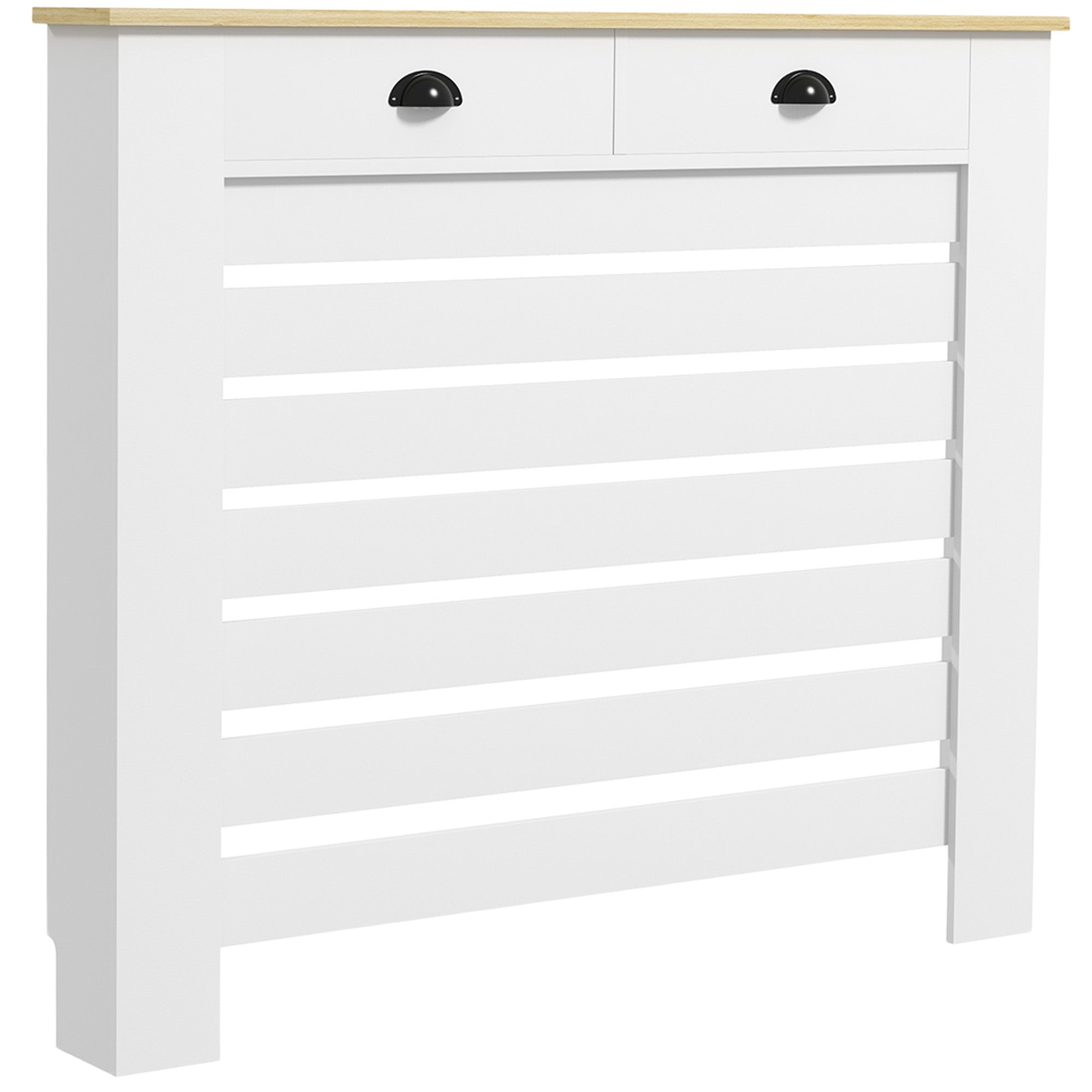 Couvercle de radiateur, cache radiateur, grille à lattes horizontales, avec 2 tiroirs, pour salon, chambre à coucher, couloir, en bois, 111 x 19 x 95,5 cm, blanc