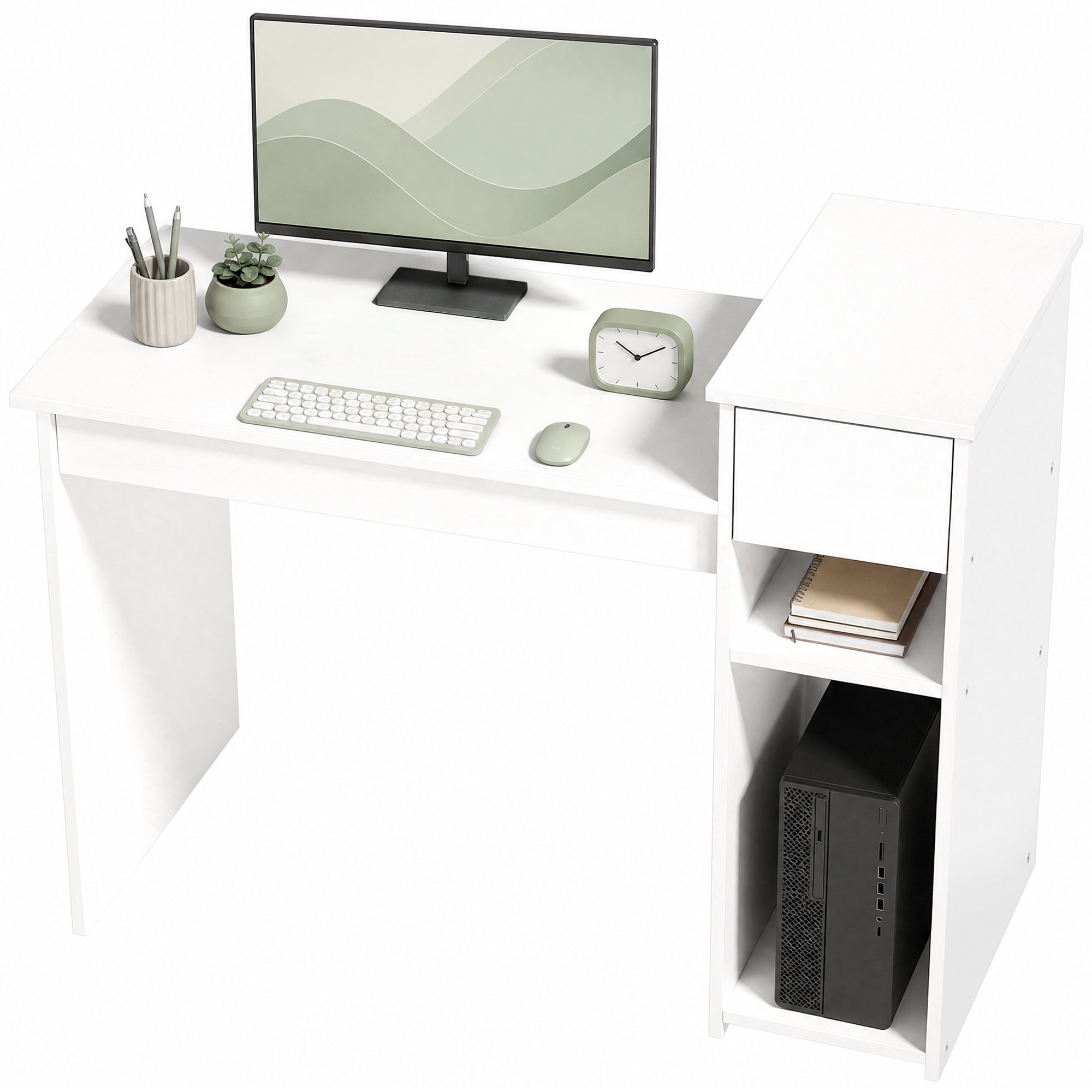 Bureau informatique avec tiroir et étagère, bureau d'ordinateur avec support d'unité centrale, 108 x 50 x 82 cm, style moderne, table d'étude pour chambre, studio, blanc