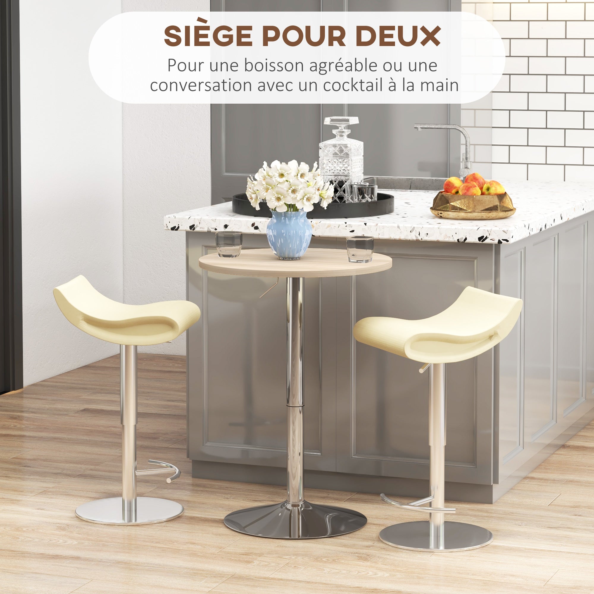 Table de bar ronde table haute cuisine mange-debout réglable en hauteur 69-91 cm avec plateau pivotante à 360° base en acier naturel et gris