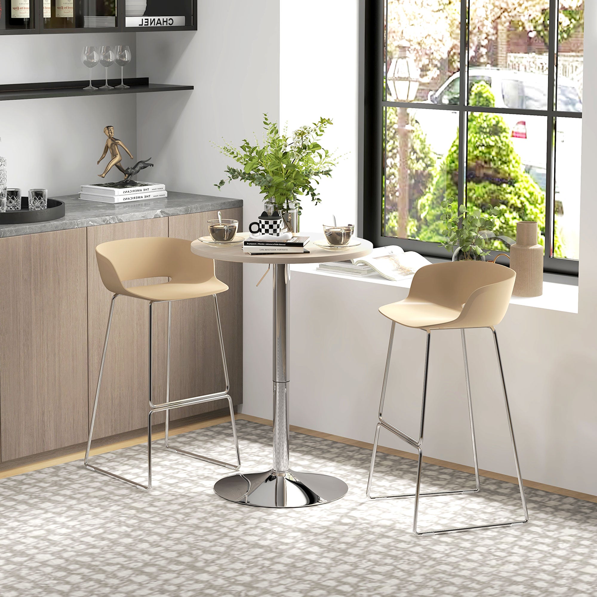 Table de bar ronde table haute cuisine mange-debout réglable en hauteur 69-91 cm avec plateau pivotante à 360° base en acier naturel et gris