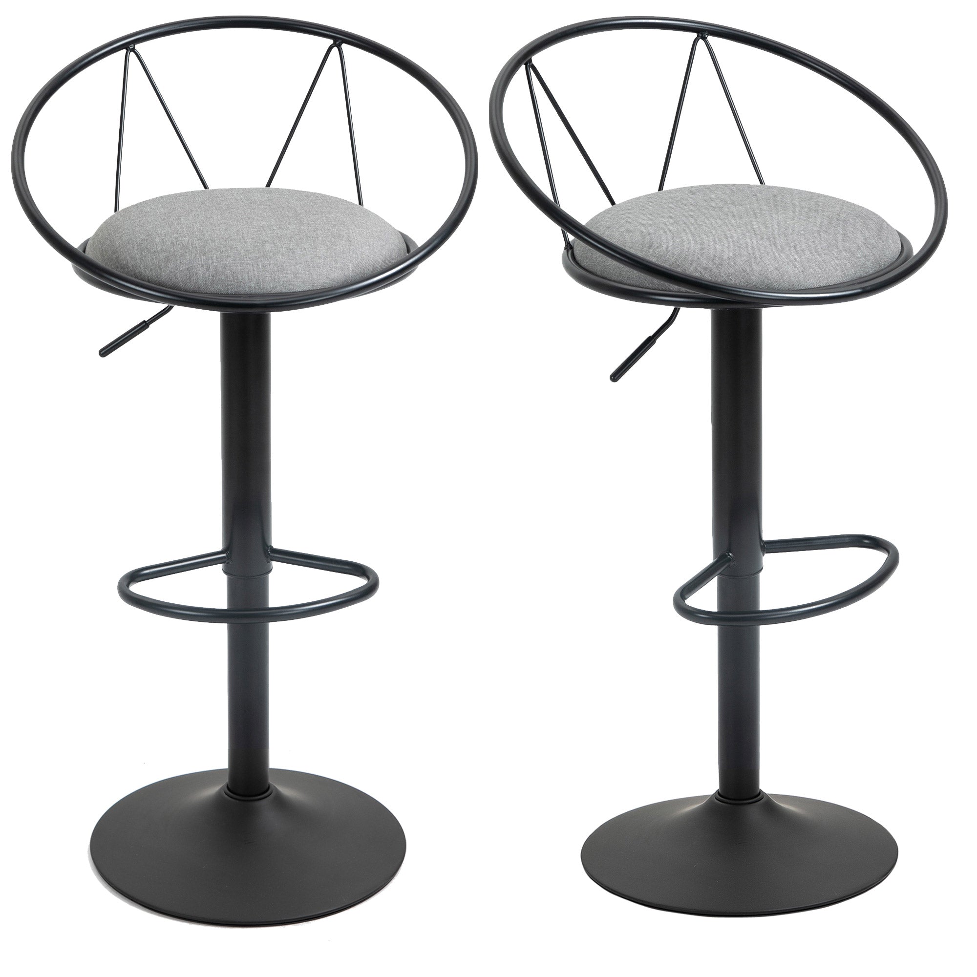 Lot de 2 tabourets de Bar Design néo-rétro réglable pivotant avec Repose-Pied métal Noir Lin Gris