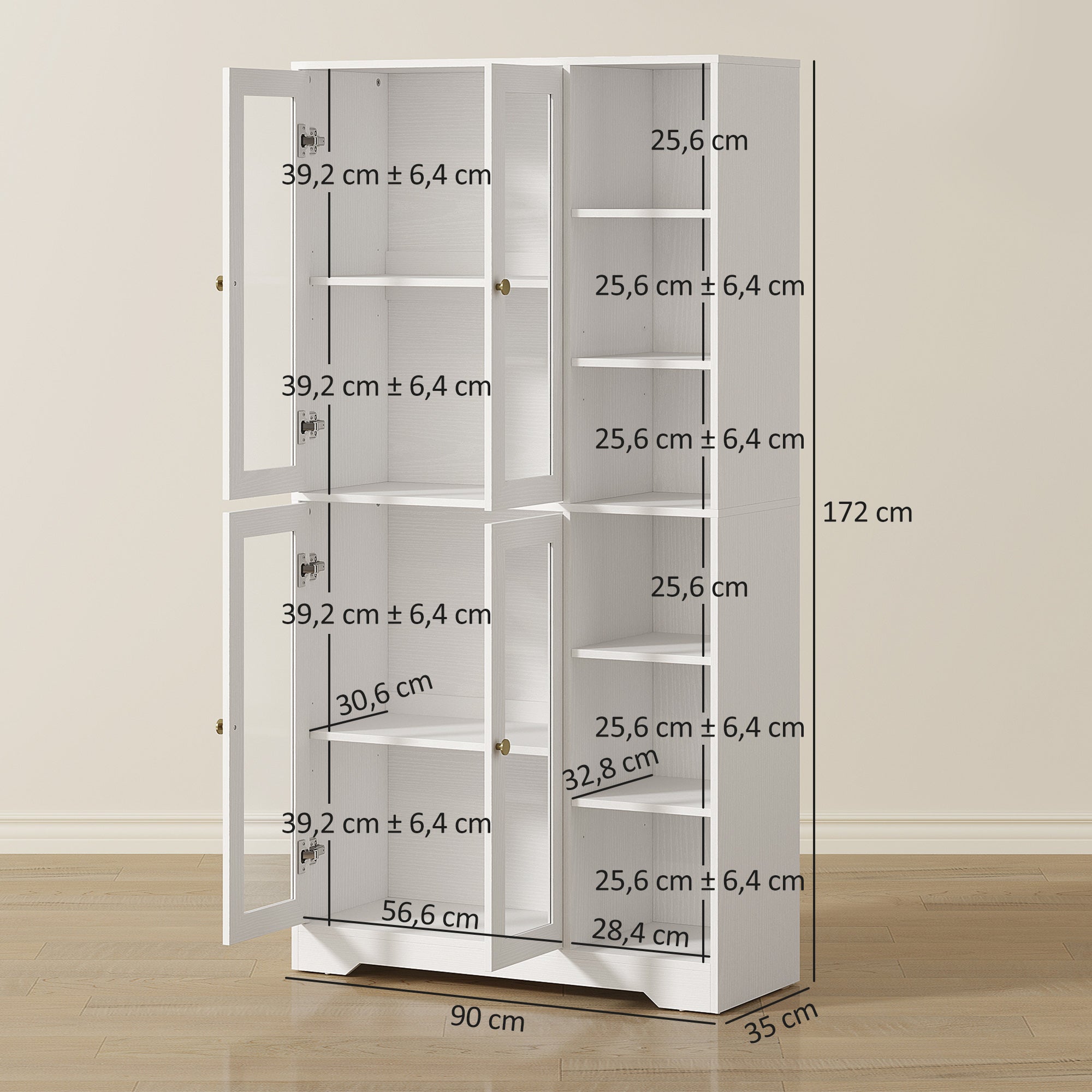 Buffet haut cuisine, vaisselier vitrine avec 4 portes à fermeture douce en verre trempé, étagères réglables et 6 compartiments ouverts, meuble de rangement pour salon, salle à manger, blanc