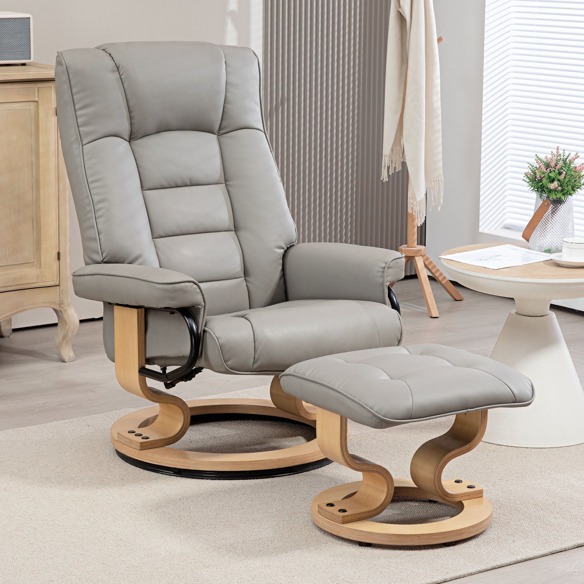 Fauteuil de relaxation inclinable avec repose-pied fauteuil relax de salon pivotant, cadre en bois revêtement synthétique 76 x 85 x 104 cm gris