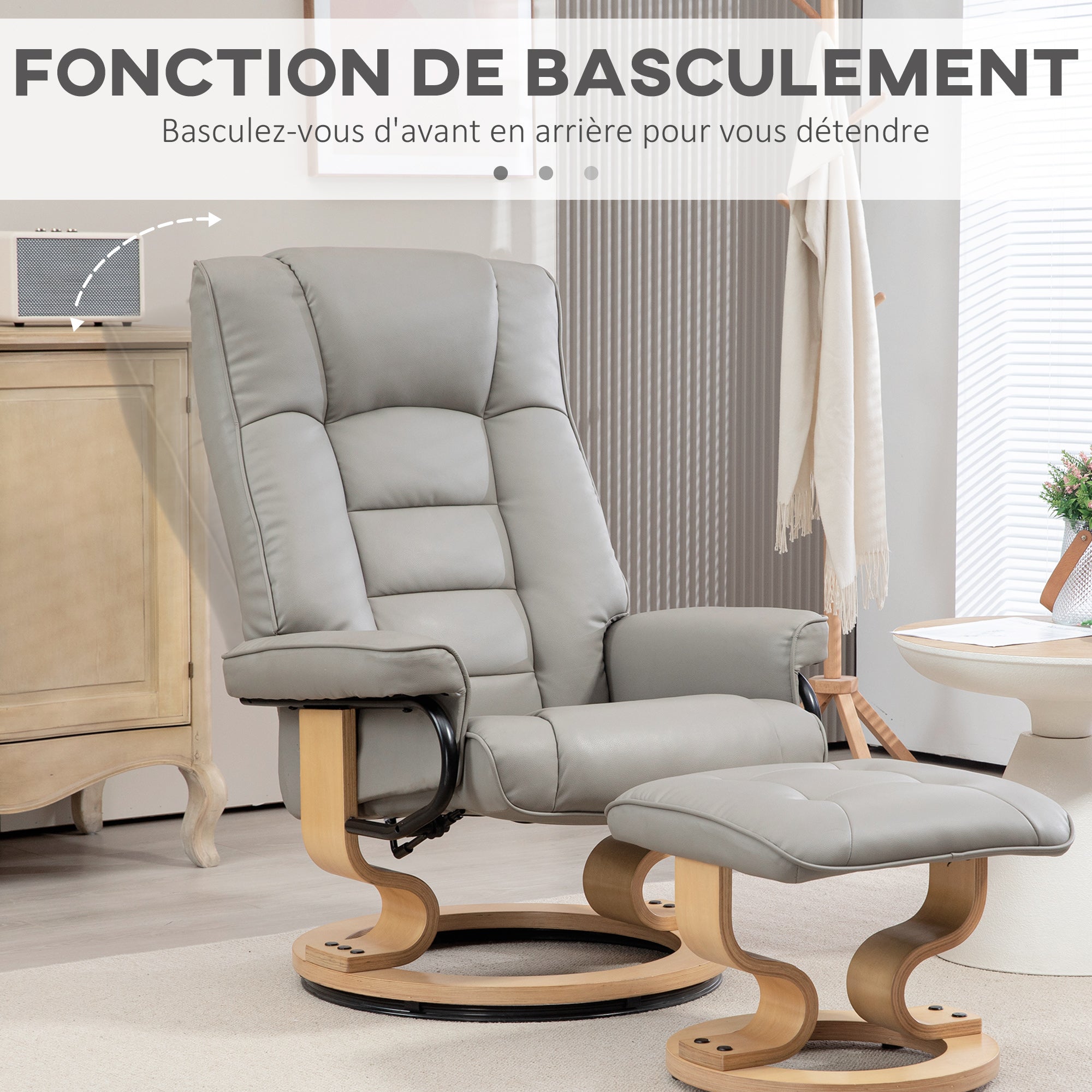 Fauteuil de relaxation inclinable avec repose-pied fauteuil relax de salon pivotant, cadre en bois revêtement synthétique 76 x 85 x 104 cm gris