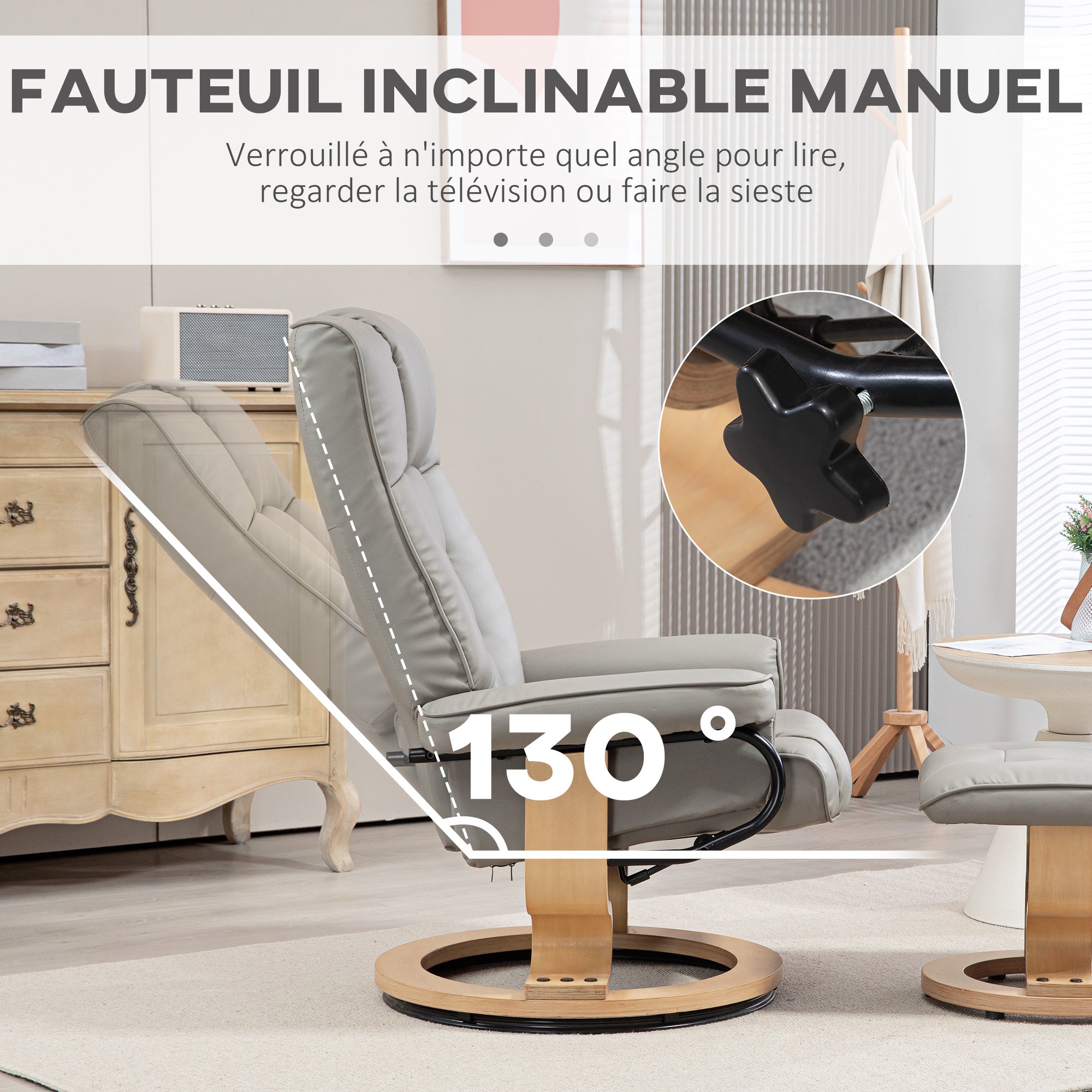 Fauteuil de relaxation inclinable avec repose-pied fauteuil relax de salon pivotant, cadre en bois revêtement synthétique 76 x 85 x 104 cm gris