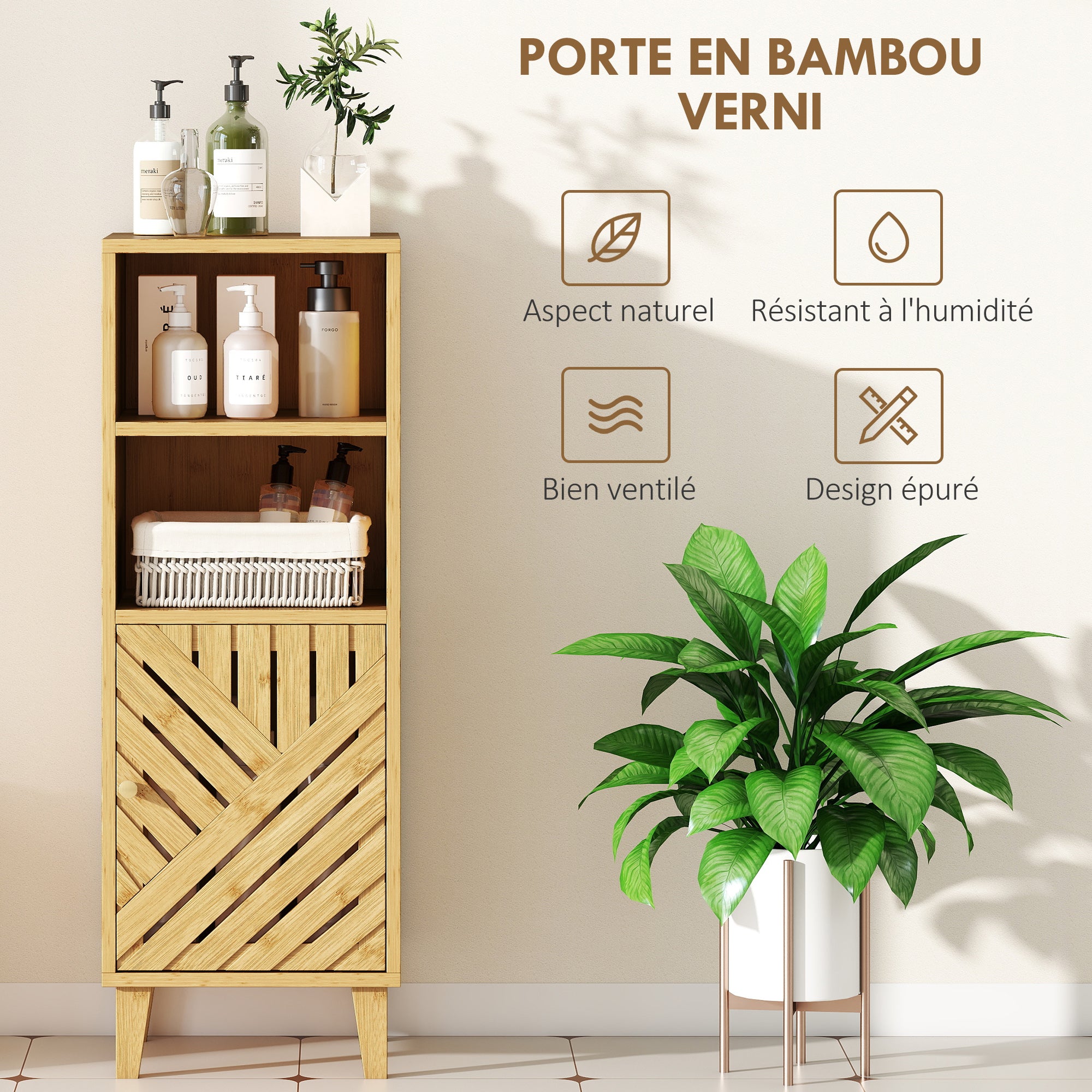 Meuble de salle de bain, meuble de rangement, armoire salle de bain avec 1 placard, 2 compartiment ouvert, porte et pieds en bambou, 32 x 30 x 90 cm, effet bois naturel