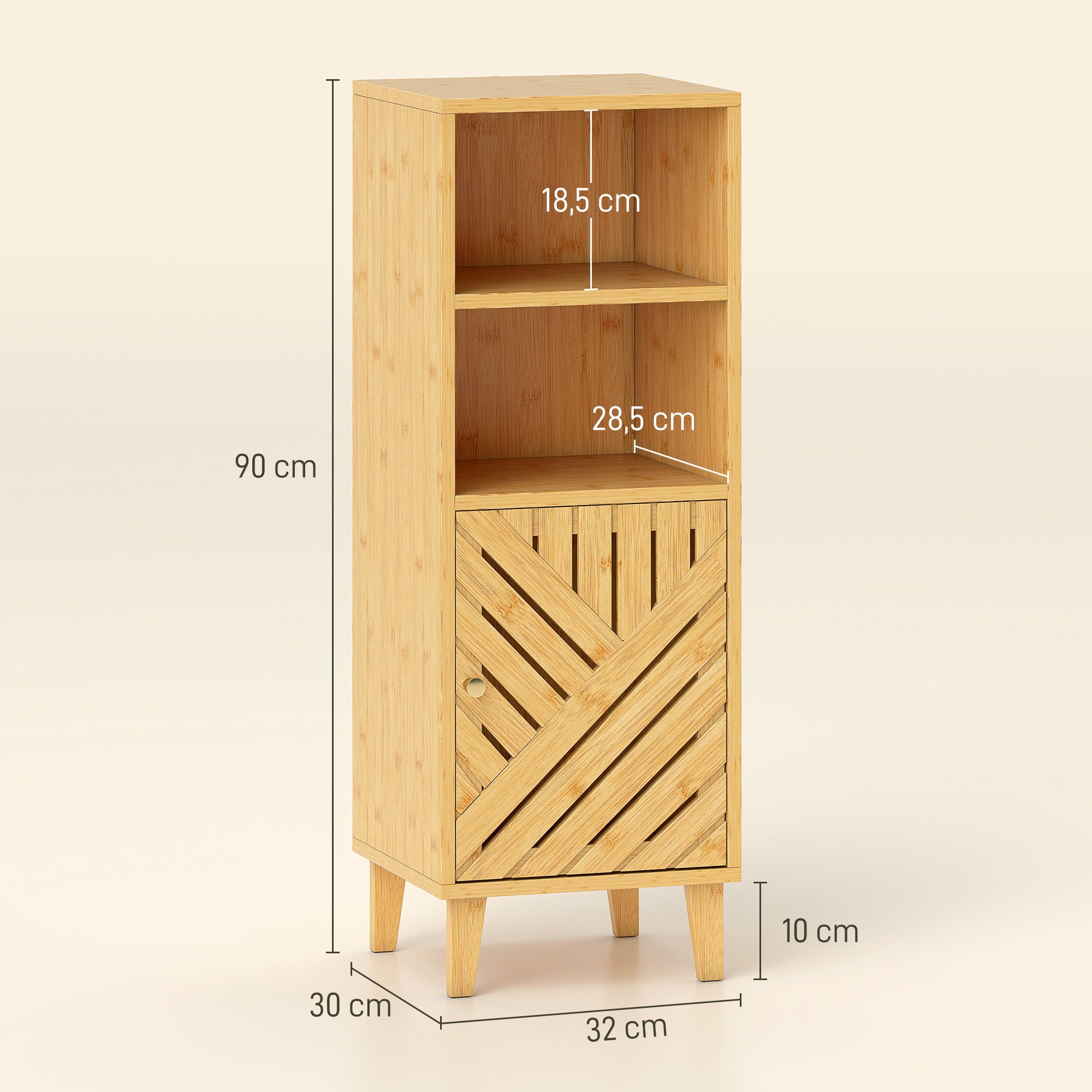 Meuble de salle de bain, meuble de rangement, armoire salle de bain avec 1 placard, 2 compartiment ouvert, porte et pieds en bambou, 32 x 30 x 90 cm, effet bois naturel