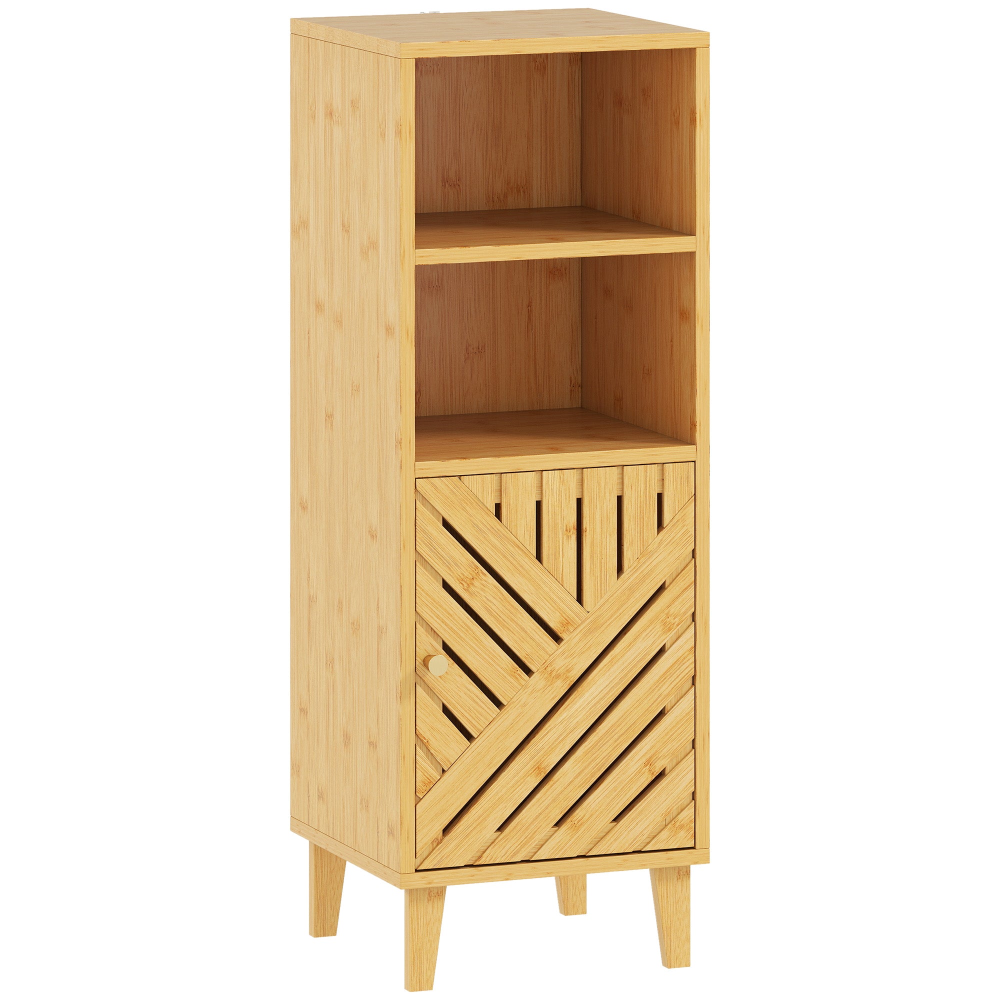 Meuble de salle de bain, meuble de rangement, armoire salle de bain avec 1 placard, 2 compartiment ouvert, porte et pieds en bambou, 32 x 30 x 90 cm, effet bois naturel