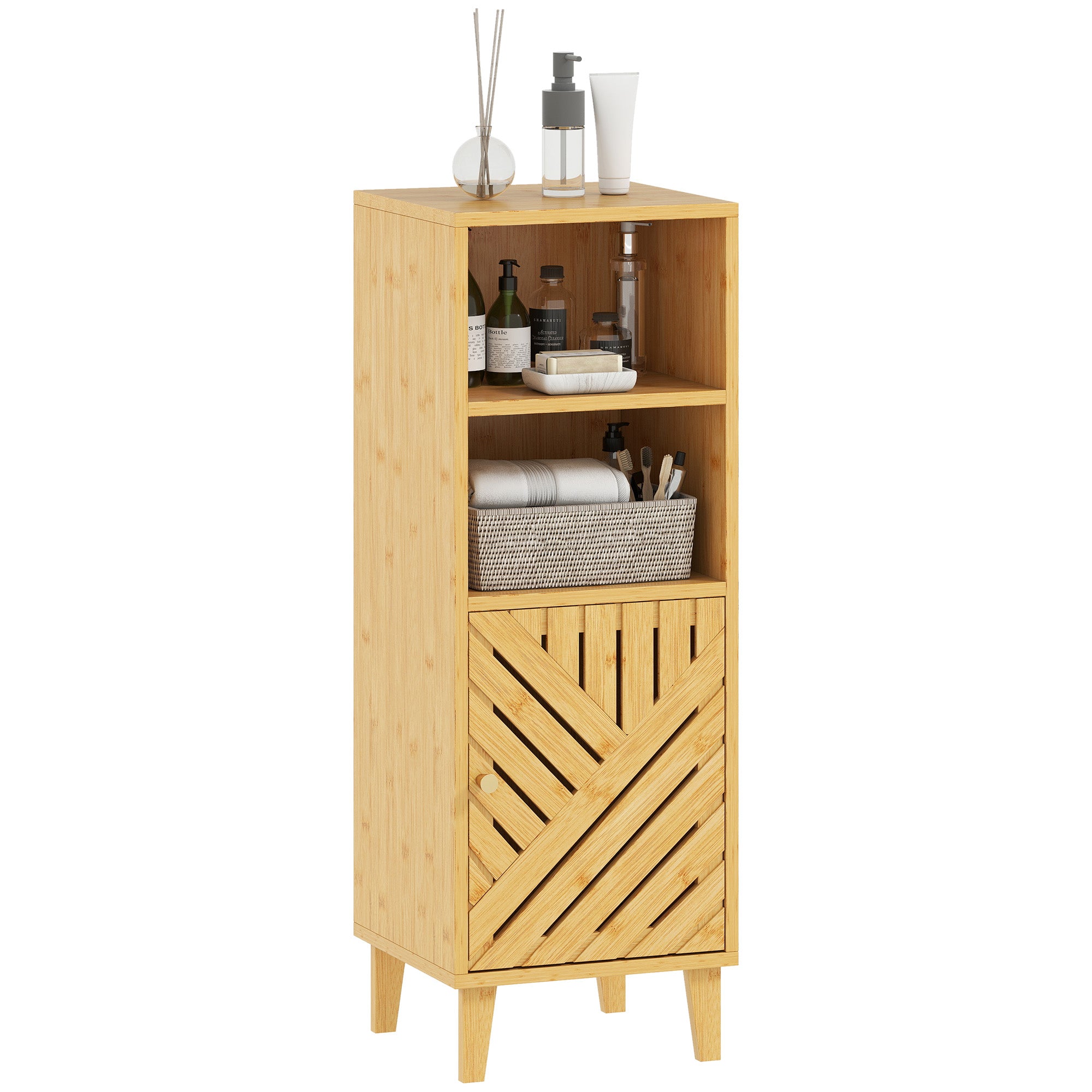 Meuble de salle de bain, meuble de rangement, armoire salle de bain avec 1 placard, 2 compartiment ouvert, porte et pieds en bambou, 32 x 30 x 90 cm, effet bois naturel