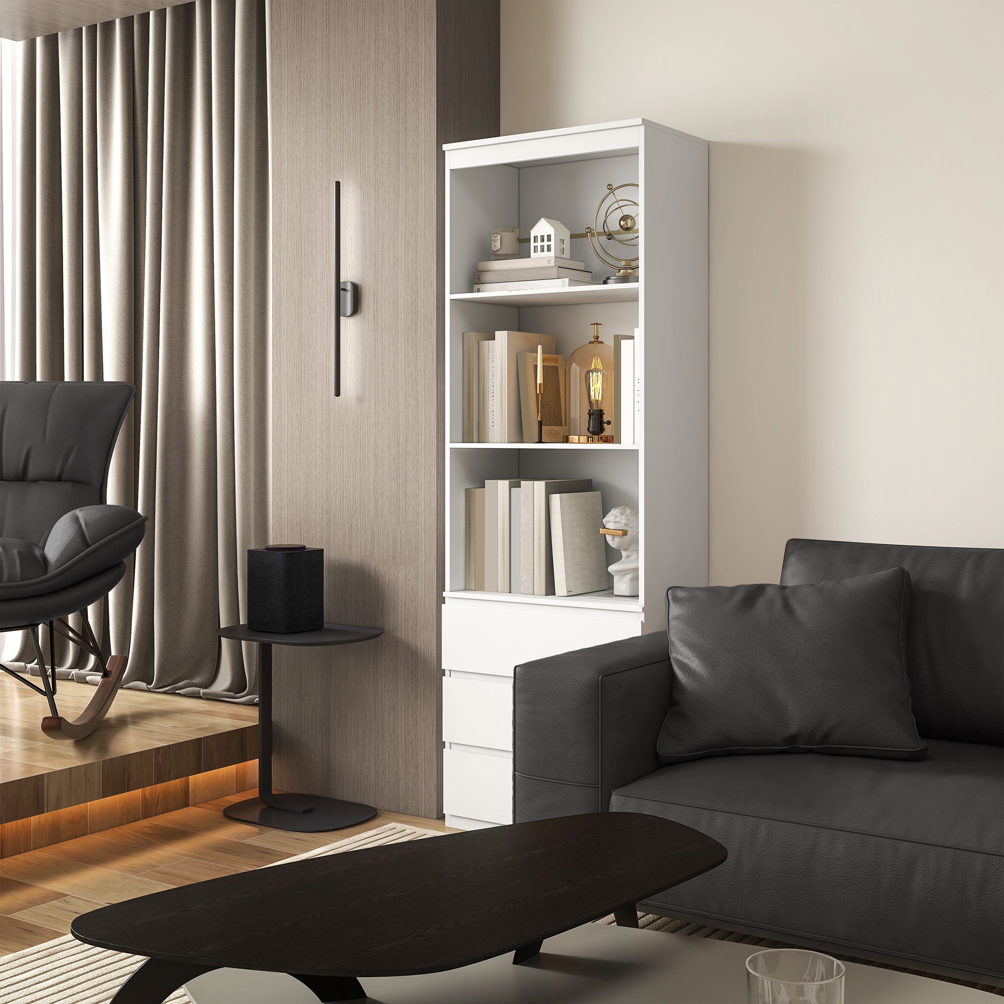 Bibliothèque meuble de rangement haute de 180 cm avec 3 étagères et 3 tiroirs en bois 60 x 35 x 180 cm blanc