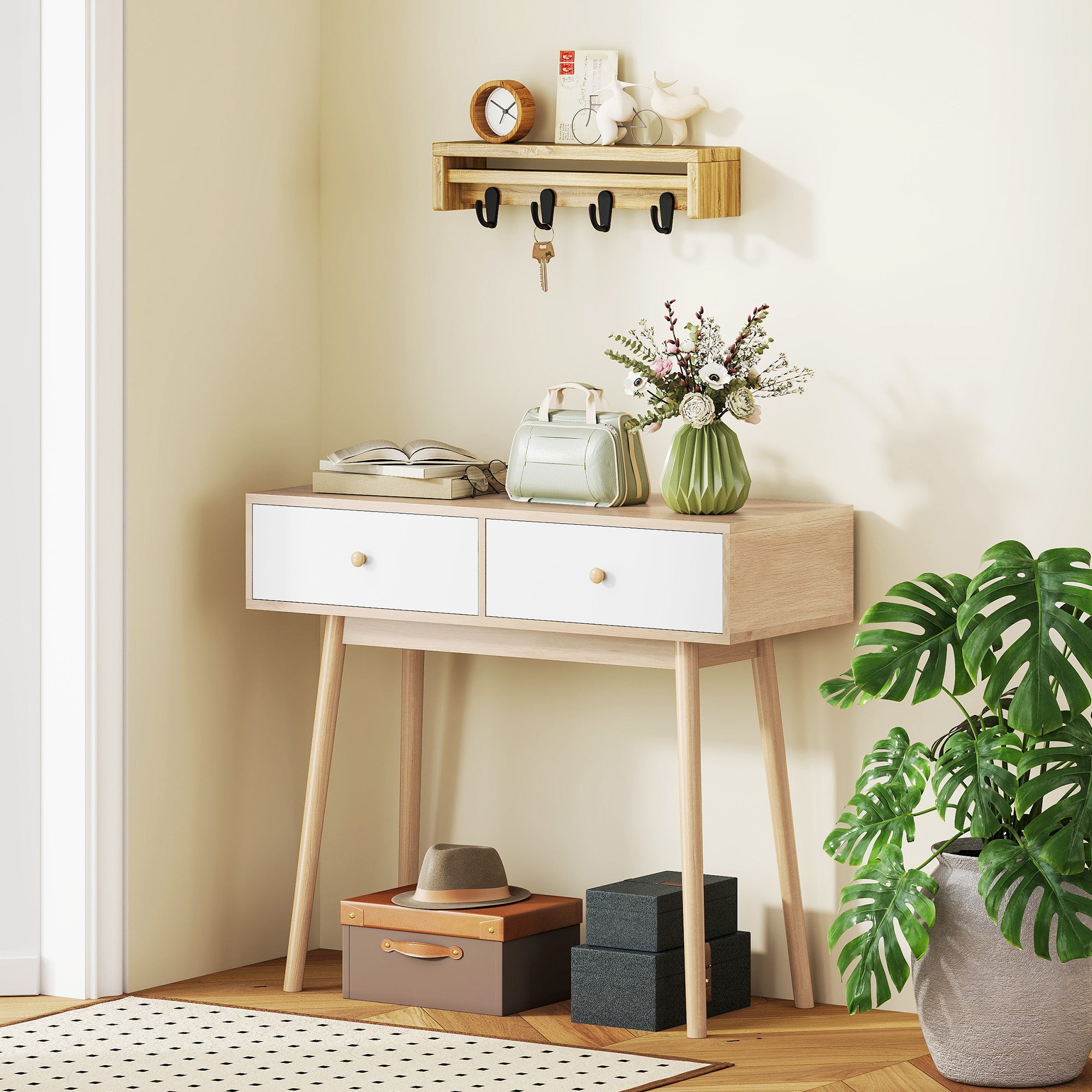 Console meuble, table console, console entrée style moderne, table d'entrée étroite avec 2 tiroirs et pieds en bois, bout de canapé, pour salon, entrée, couloir, 86 x 35 x 75 cm, chêne et blanc