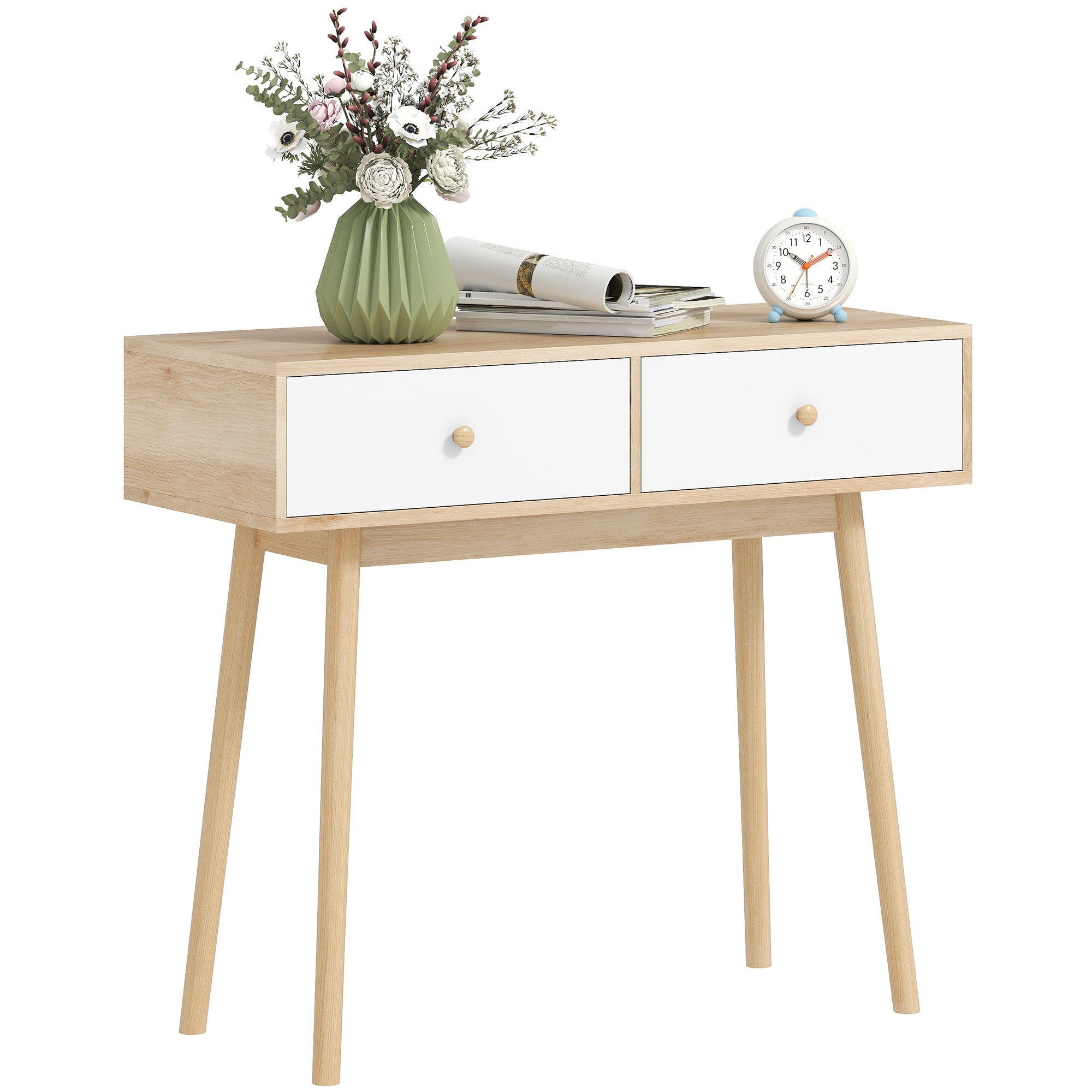 Console meuble, table console, console entrée style moderne, table d'entrée étroite avec 2 tiroirs et pieds en bois, bout de canapé, pour salon, entrée, couloir, 86 x 35 x 75 cm, chêne et blanc