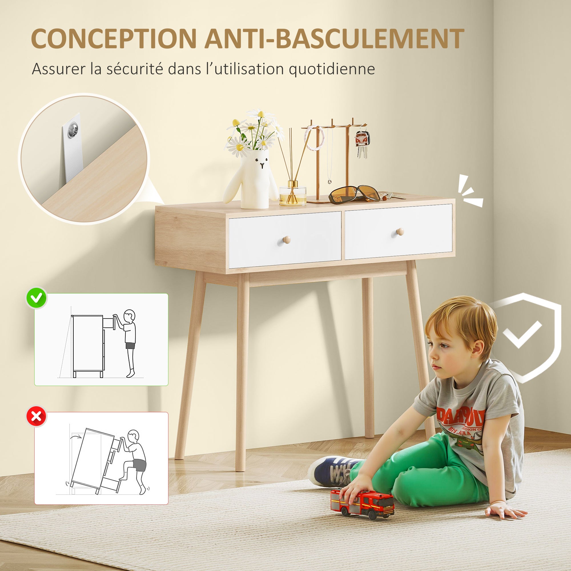 Console meuble, table console, console entrée style moderne, table d'entrée étroite avec 2 tiroirs et pieds en bois, bout de canapé, pour salon, entrée, couloir, 86 x 35 x 75 cm, chêne et blanc