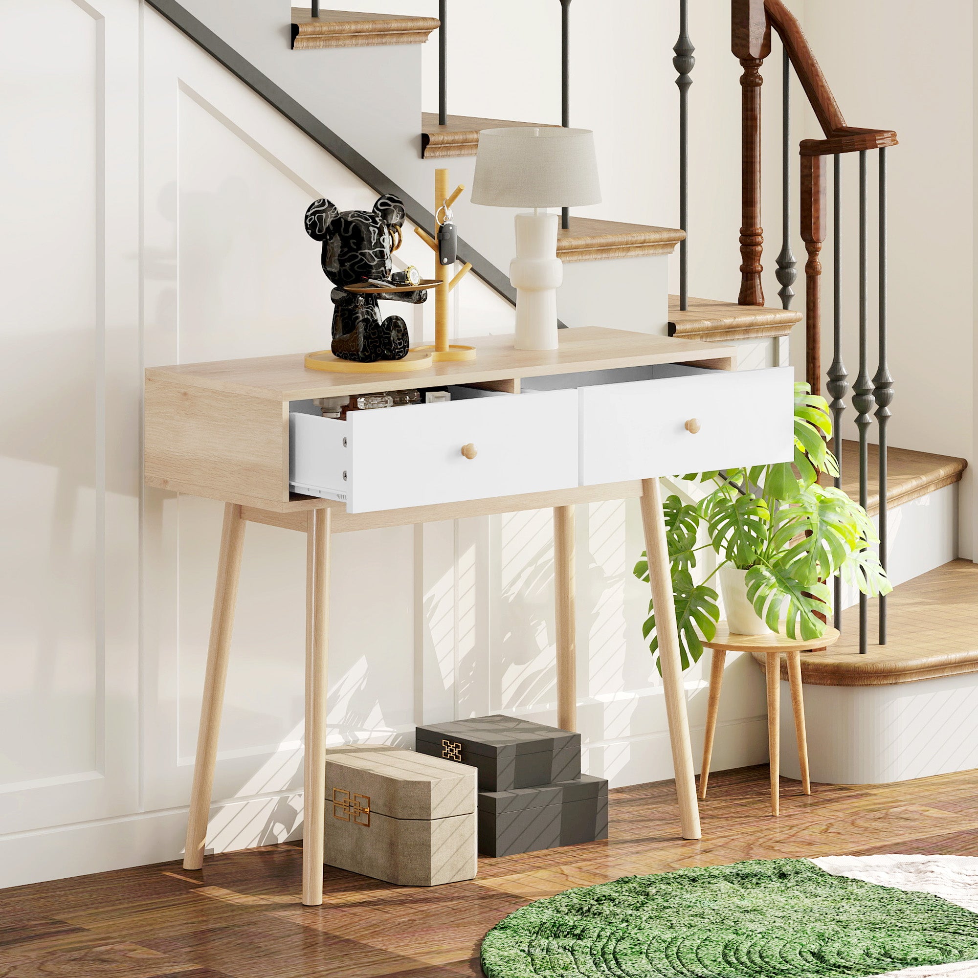 Console meuble, table console, console entrée style moderne, table d'entrée étroite avec 2 tiroirs et pieds en bois, bout de canapé, pour salon, entrée, couloir, 86 x 35 x 75 cm, chêne et blanc