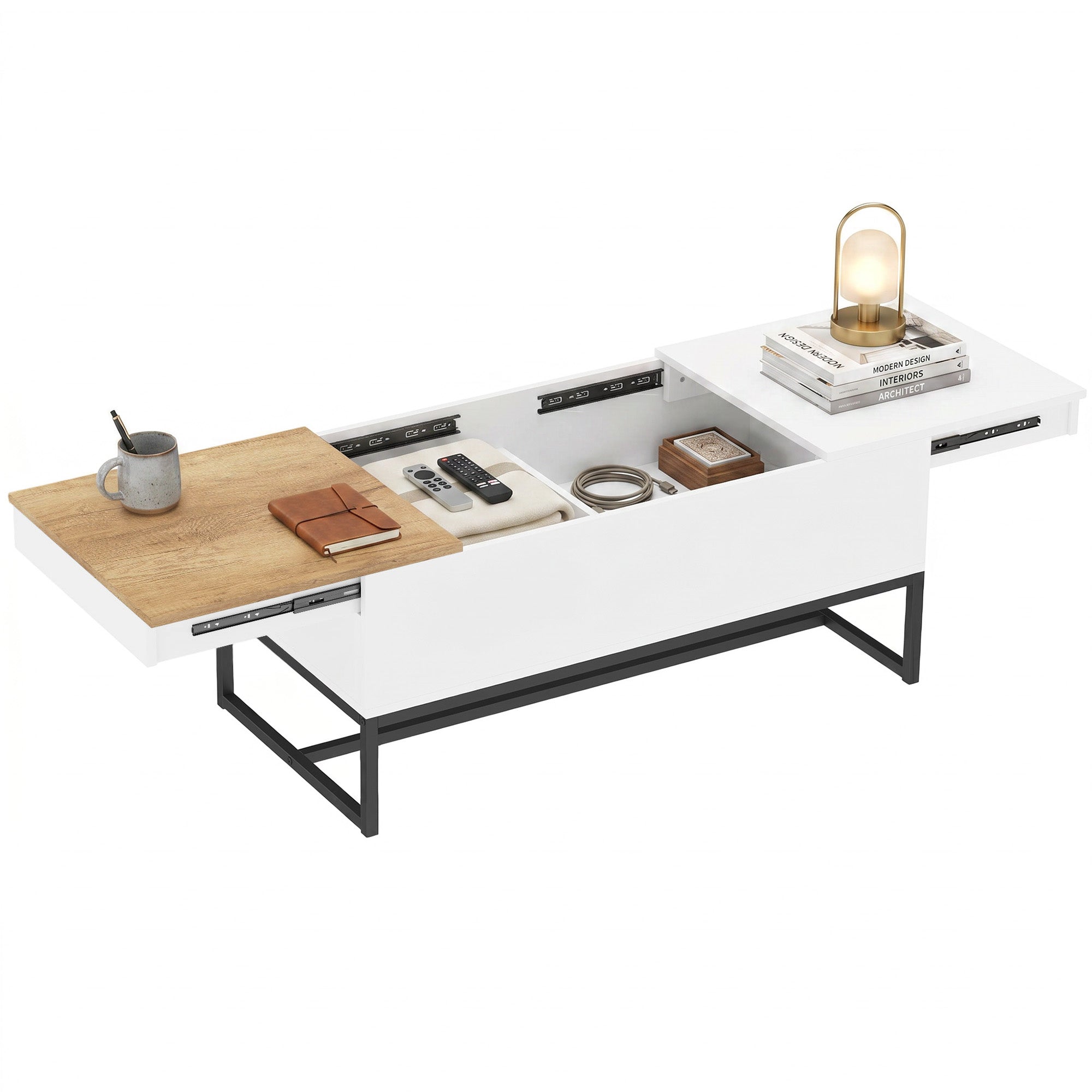 Table Basse Extensible avec Plateau Coulissant, Table de Salon avec Rangement Caché et Pieds en Acier, Style Moderne, pour Chambre, Séjour et Bureau, 100 x 50 x 45 cm, Blanc