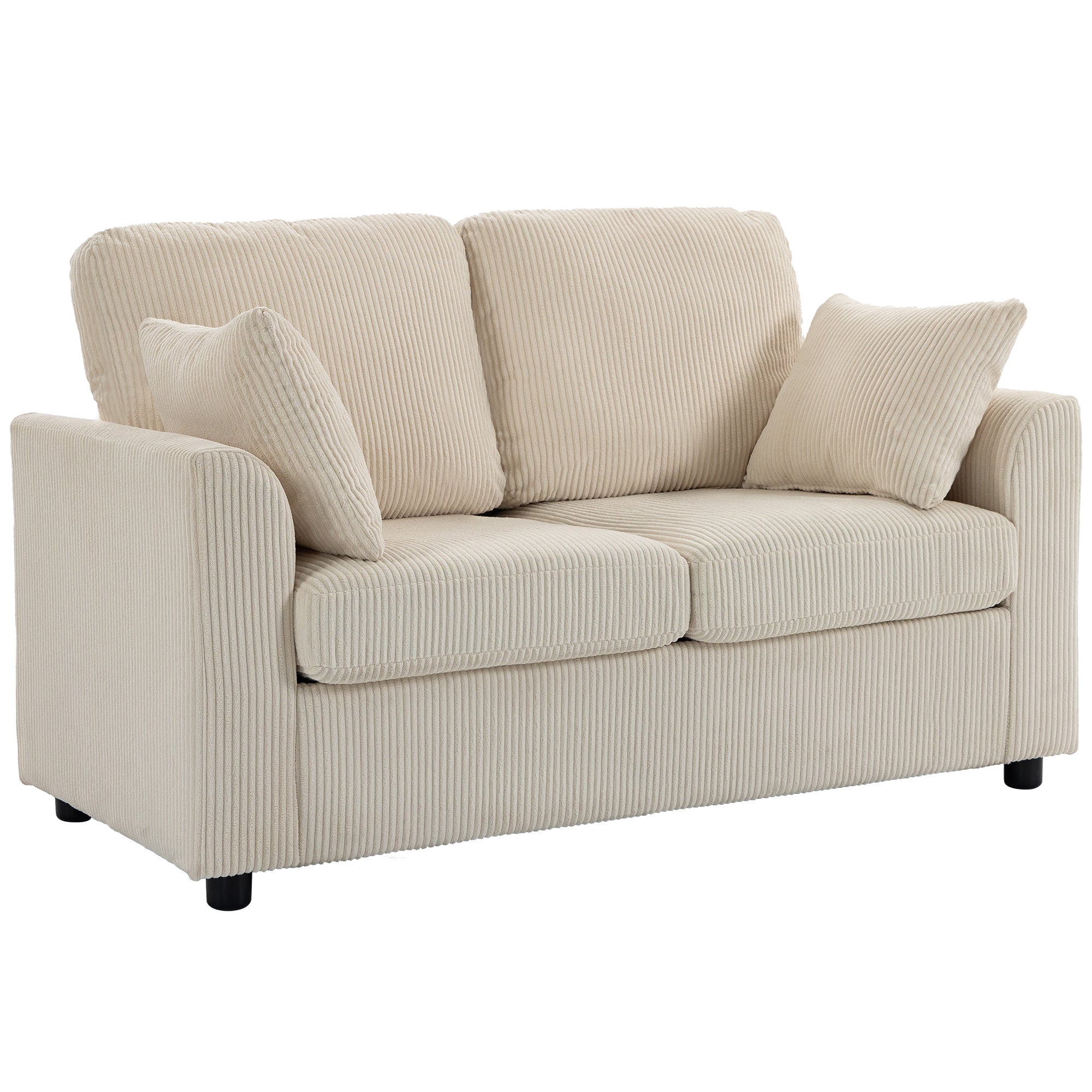 Canapé 2 Places en Velours Côtelé, Canapé de Salon 144 cm avec Assise Large Rembourrée, Coussin Épais à Ressorts, 2 Oreillers, Style Moderne, pour Chambre, Appartement, Petit Espace, Beige
