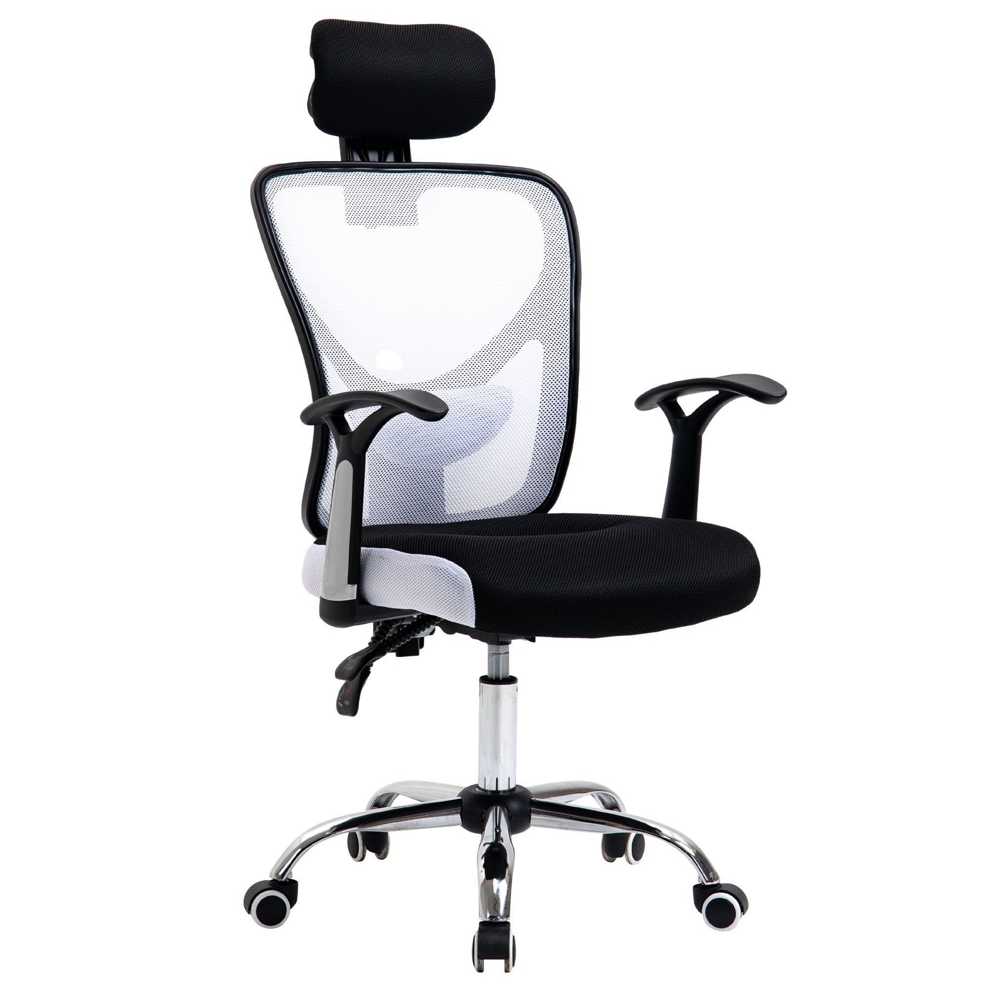 Chaise de bureau, fauteuil de bureau ergonomique en maille avec hauteur et appui-tête réglable, dossier inclinable et support lombaire, pour chambre, télétravail, charge 120 Kg, noir et blanc