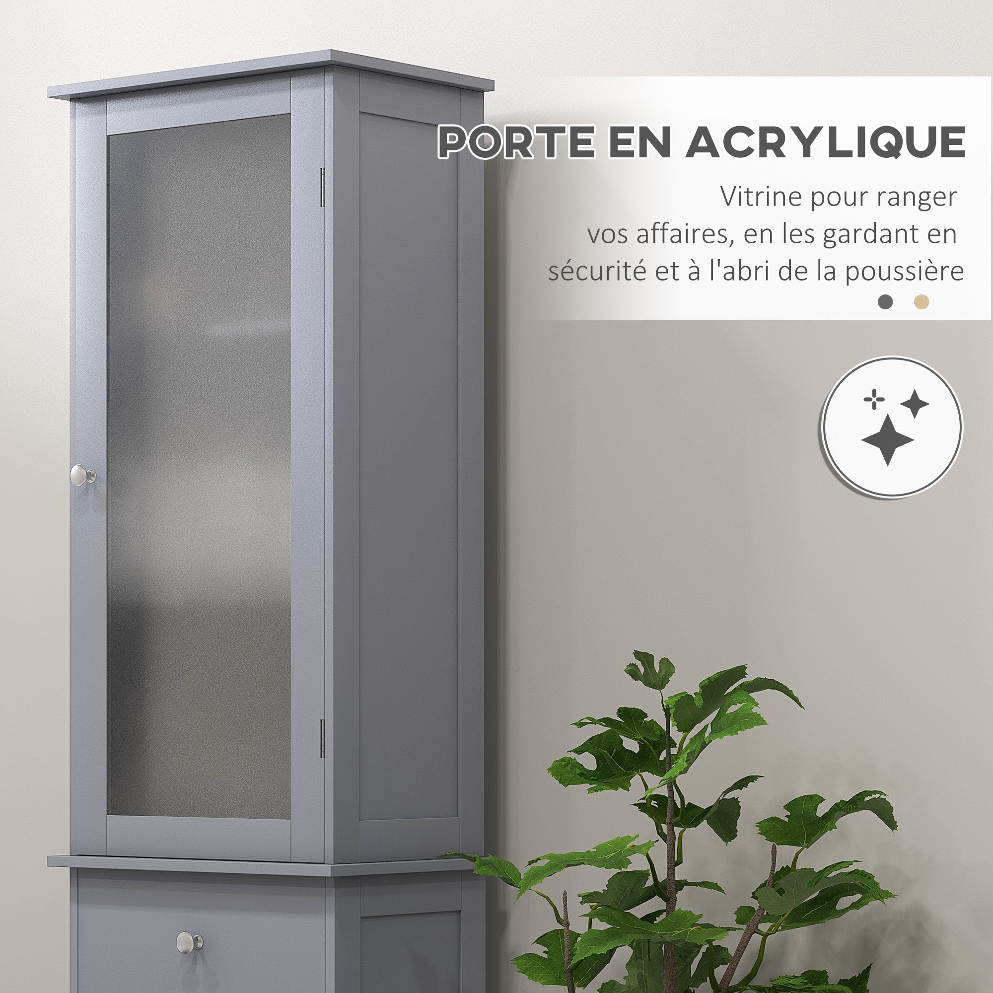 Meuble Colonne de Salle de Bain Placard Porte Acrylique 2 étagères Placard Porte 1 étagère tiroir MDF Gris