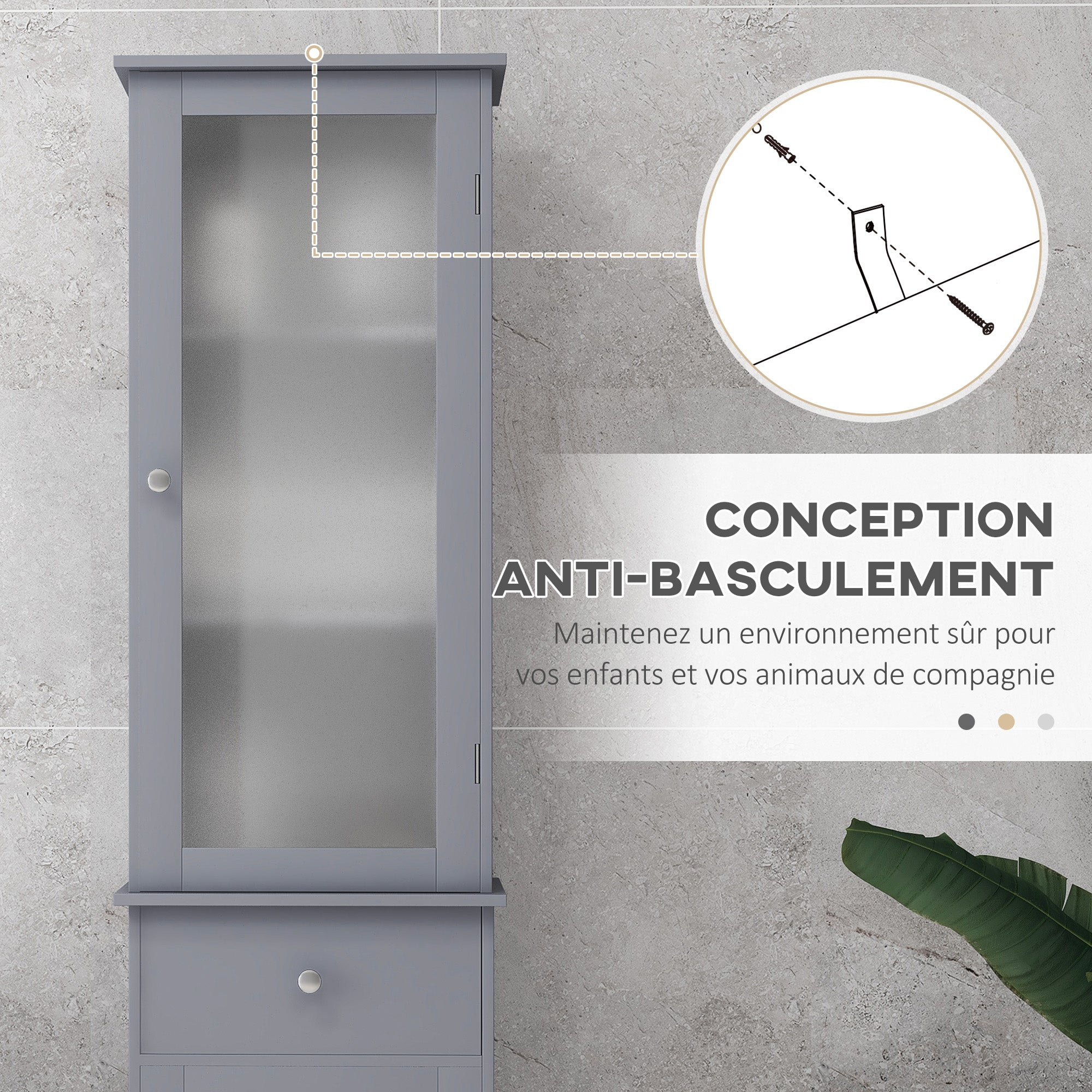 Meuble Colonne de Salle de Bain Placard Porte Acrylique 2 étagères Placard Porte 1 étagère tiroir MDF Gris