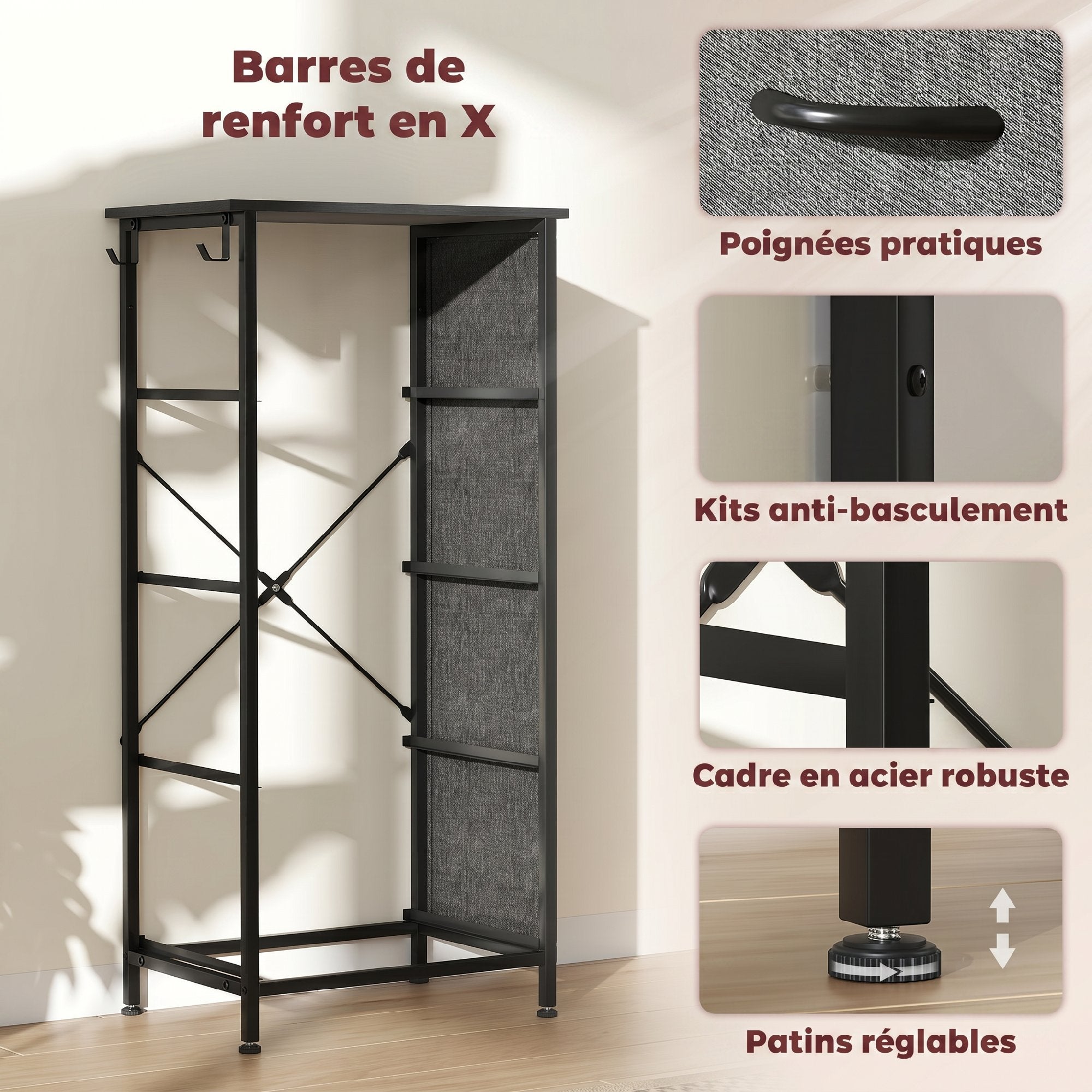 Commode 4 tiroirs en tissu, meuble de rangement avec 4 poches, 2 crochets, structure en acier, chiffonnier pour salon, chambre, entrée, gris