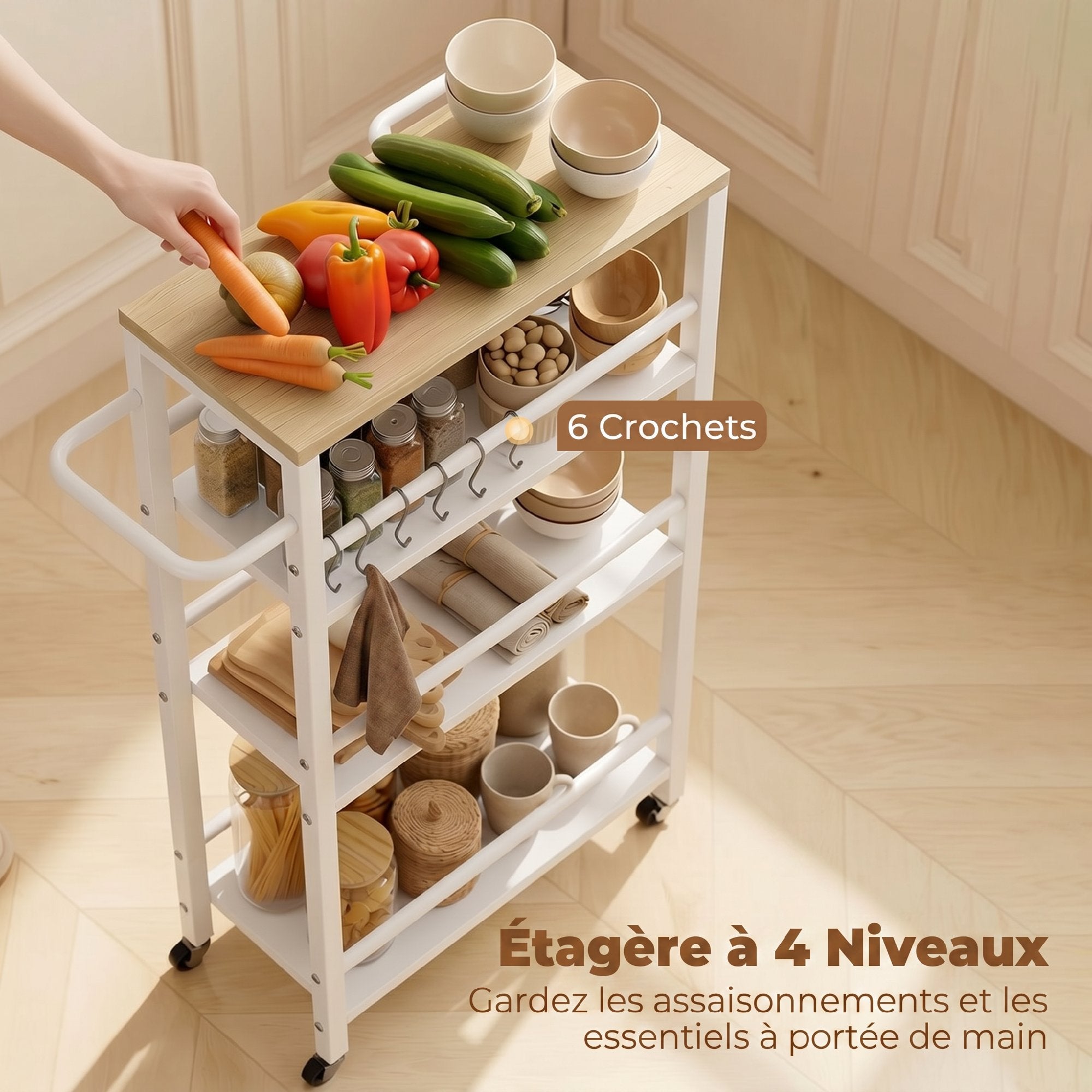 Desserte cuisine 4 niveaux, chariot de service, chariot de rangement à roulettes avec porte-serviettes et 6 crochets, pour salon, cuisine, salle à manger, salle de bain, chêne