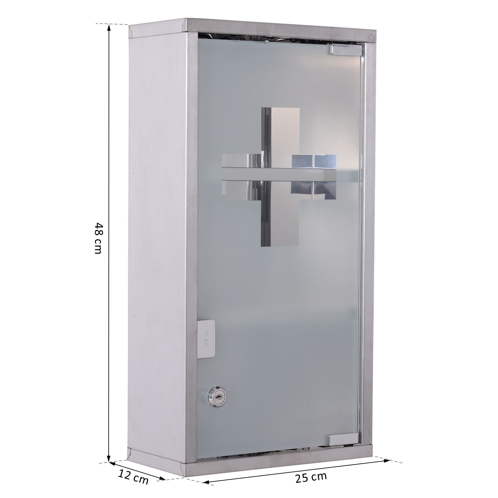 Armoire à Pharmacie 2 étagères 3 Niveaux verrouillable Porte Verre trempé dépoli Logo Croix 25L x 12l x 48H cm Acier INOX