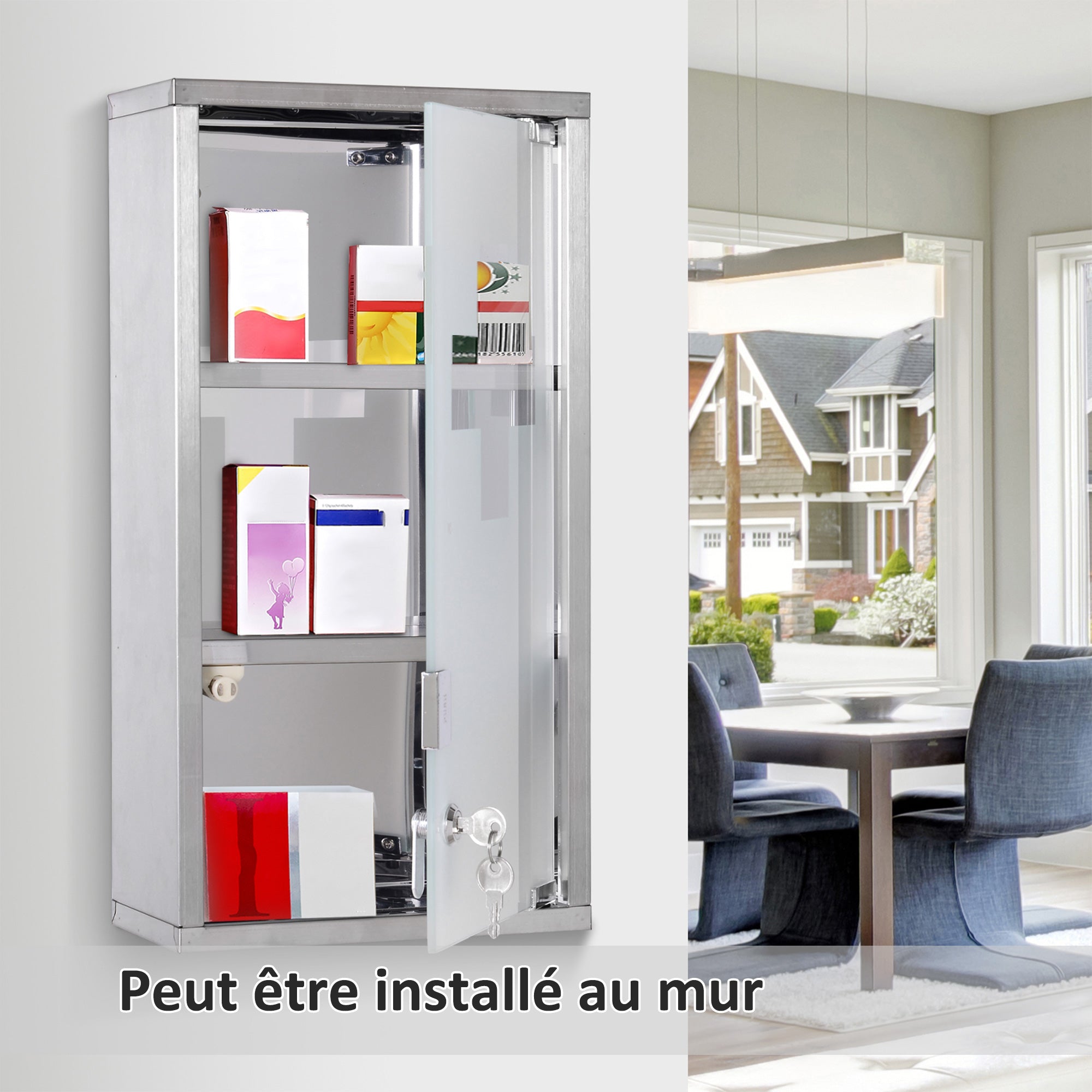 Armoire à Pharmacie 2 étagères 3 Niveaux verrouillable Porte Verre trempé dépoli Logo Croix 25L x 12l x 48H cm Acier INOX