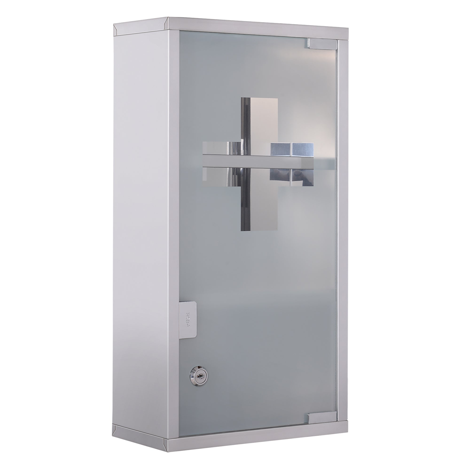 Armoire à Pharmacie 2 étagères 3 Niveaux verrouillable Porte Verre trempé dépoli Logo Croix 25L x 12l x 48H cm Acier INOX