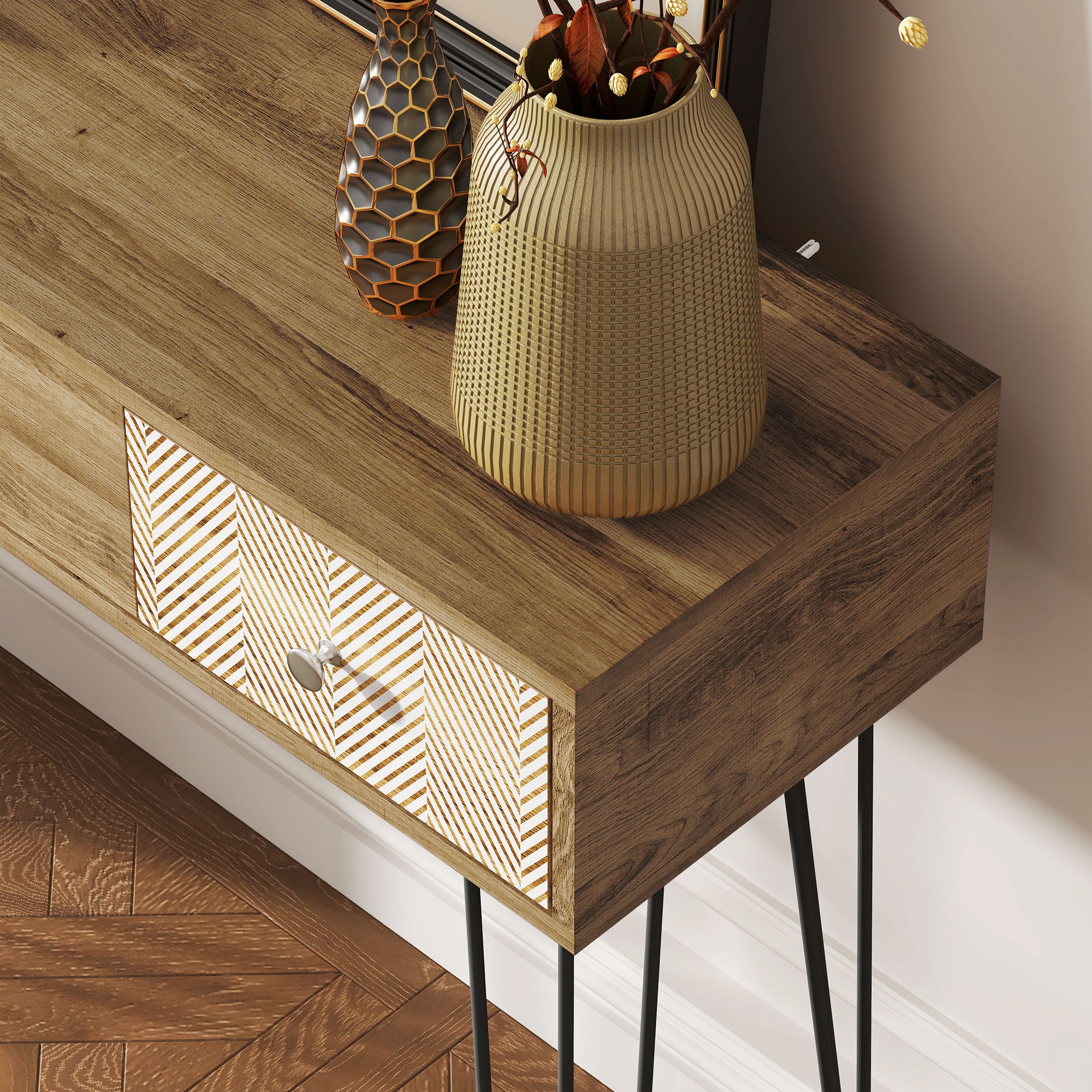 Console meuble, table console, console entrée style nordique, table d'entrée étroite avec 3 tiroirs et pieds en acier, bout de canapé, pour salon, entrée, couloir, marron