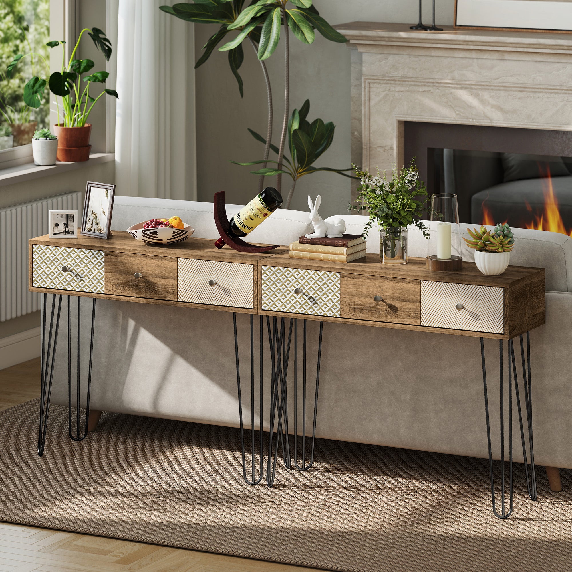 Console meuble, table console, console entrée style nordique, table d'entrée étroite avec 3 tiroirs et pieds en acier, bout de canapé, pour salon, entrée, couloir, marron