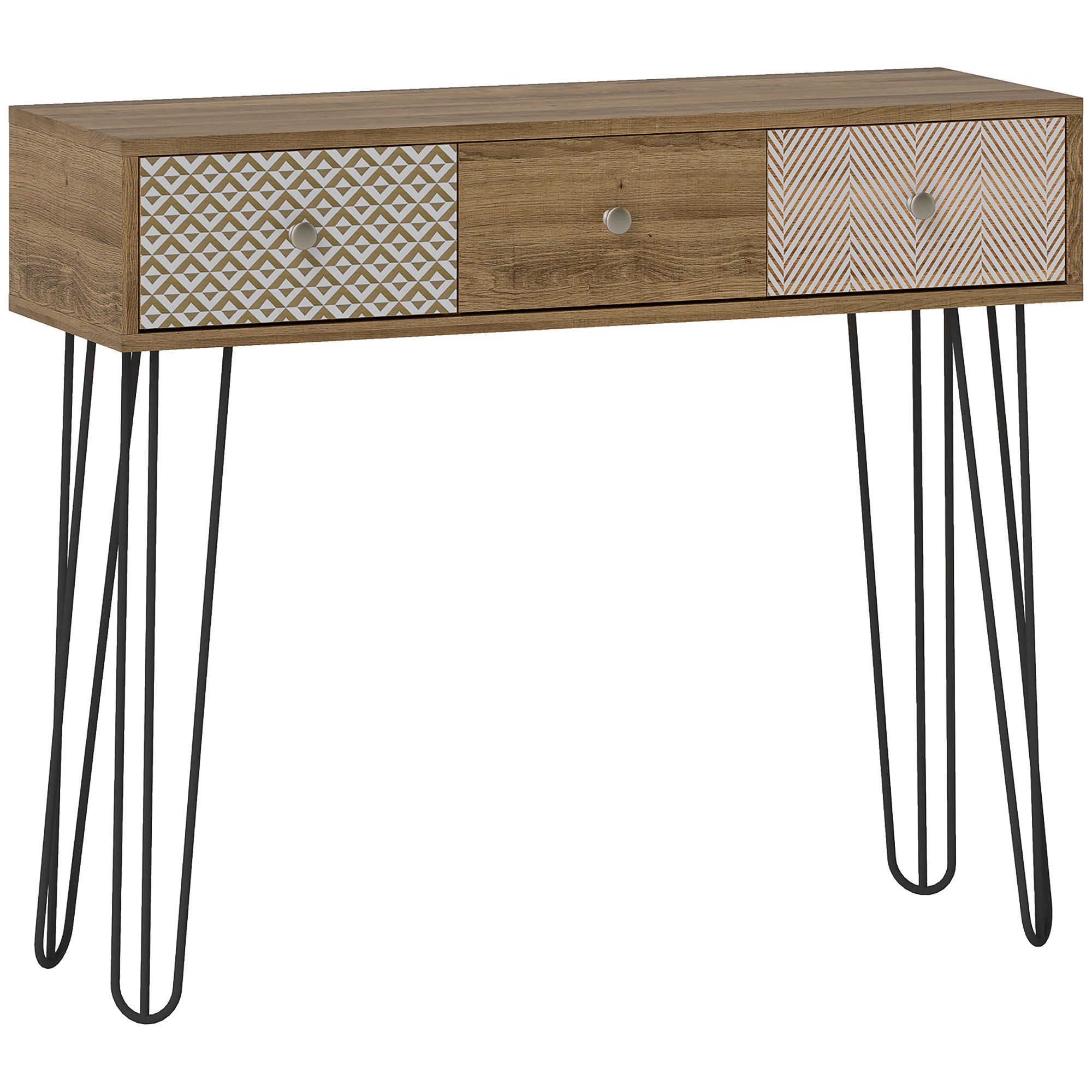Console meuble, table console, console entrée style nordique, table d'entrée étroite avec 3 tiroirs et pieds en acier, bout de canapé, pour salon, entrée, couloir, marron