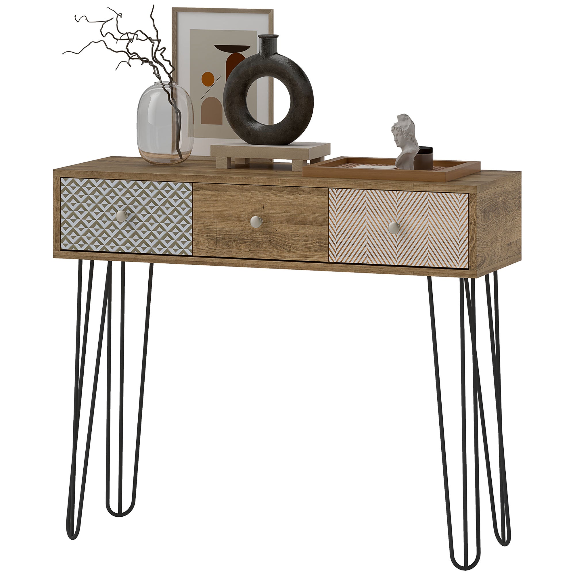 Console meuble, table console, console entrée style nordique, table d'entrée étroite avec 3 tiroirs et pieds en acier, bout de canapé, pour salon, entrée, couloir, marron