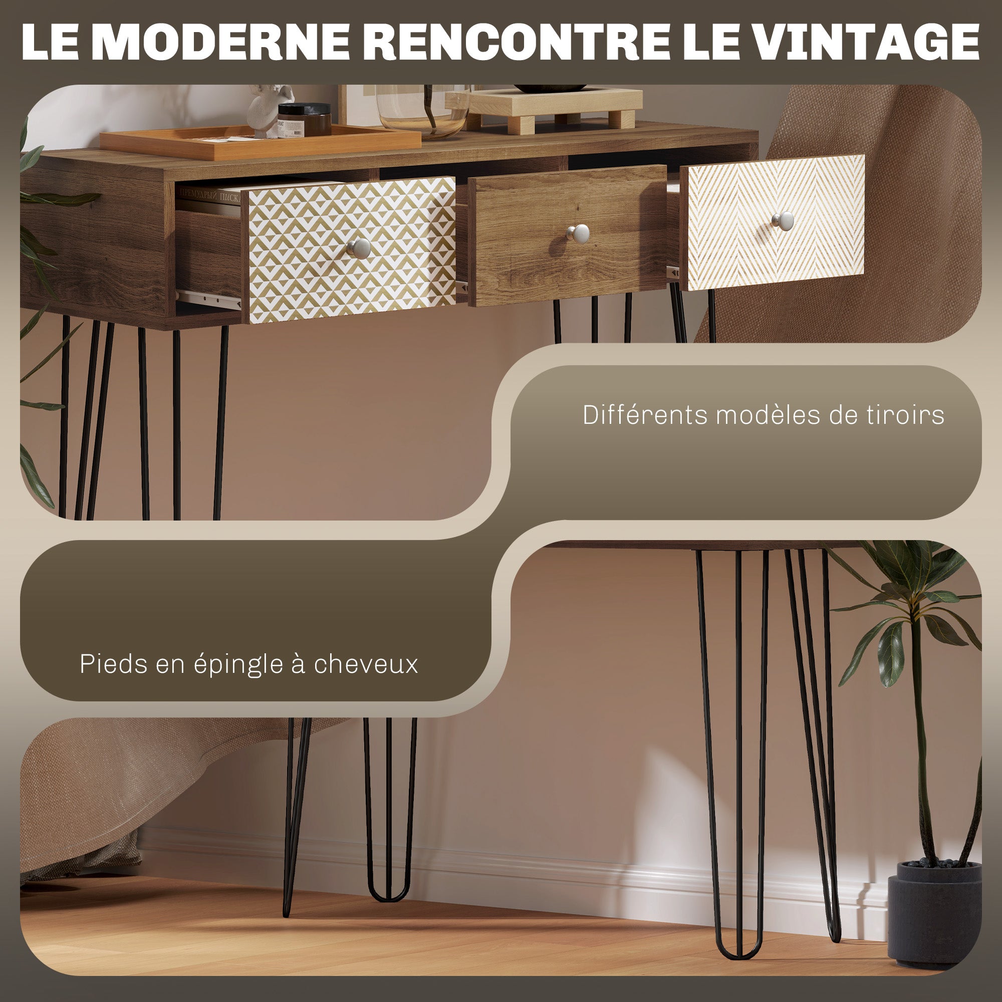 Console meuble, table console, console entrée style nordique, table d'entrée étroite avec 3 tiroirs et pieds en acier, bout de canapé, pour salon, entrée, couloir, marron