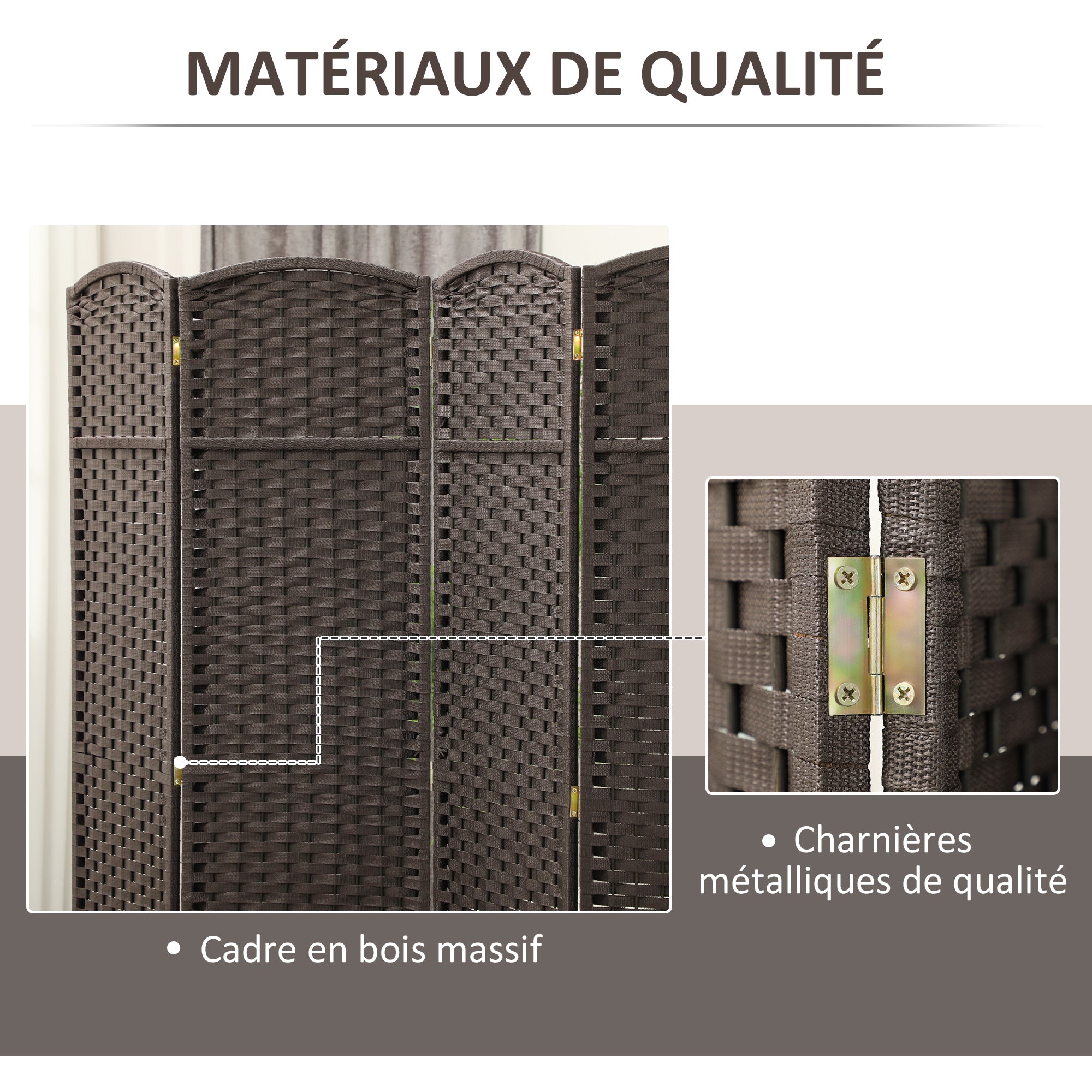 Paravent interieur en bois 4 panneaux 160 x 170 cm séparateur de pièce pliable avec finition tissée, closion de séparation pour salon, chambre à coucher, maison, marron