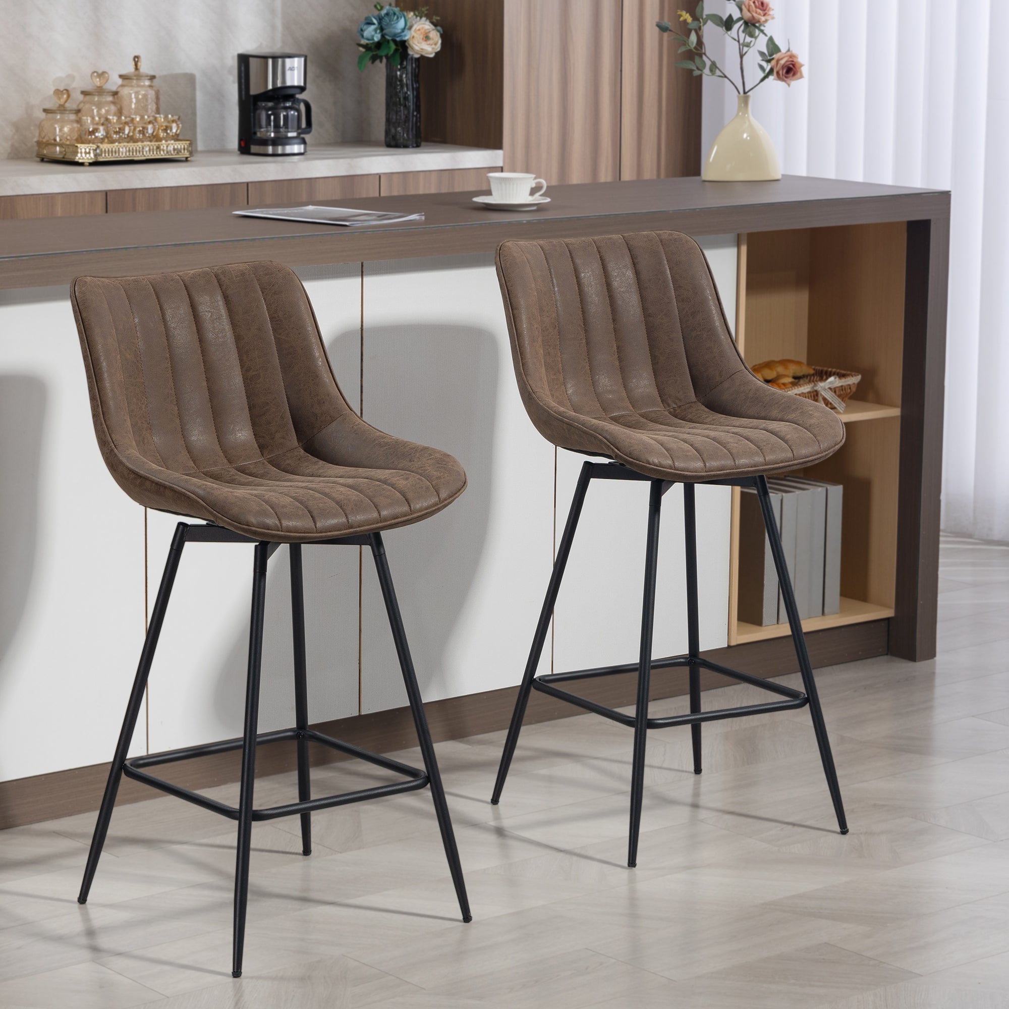 Lot de 2 Tabourets de Bar, Chaises de Bar Moderne en PU, Assise Rembourrée 68H cm à Pivotant à 360°, Dossier et Repose-Pieds, Pieds en Acier, Chaises Hautes Cuisine, Salle À Manger, Marron