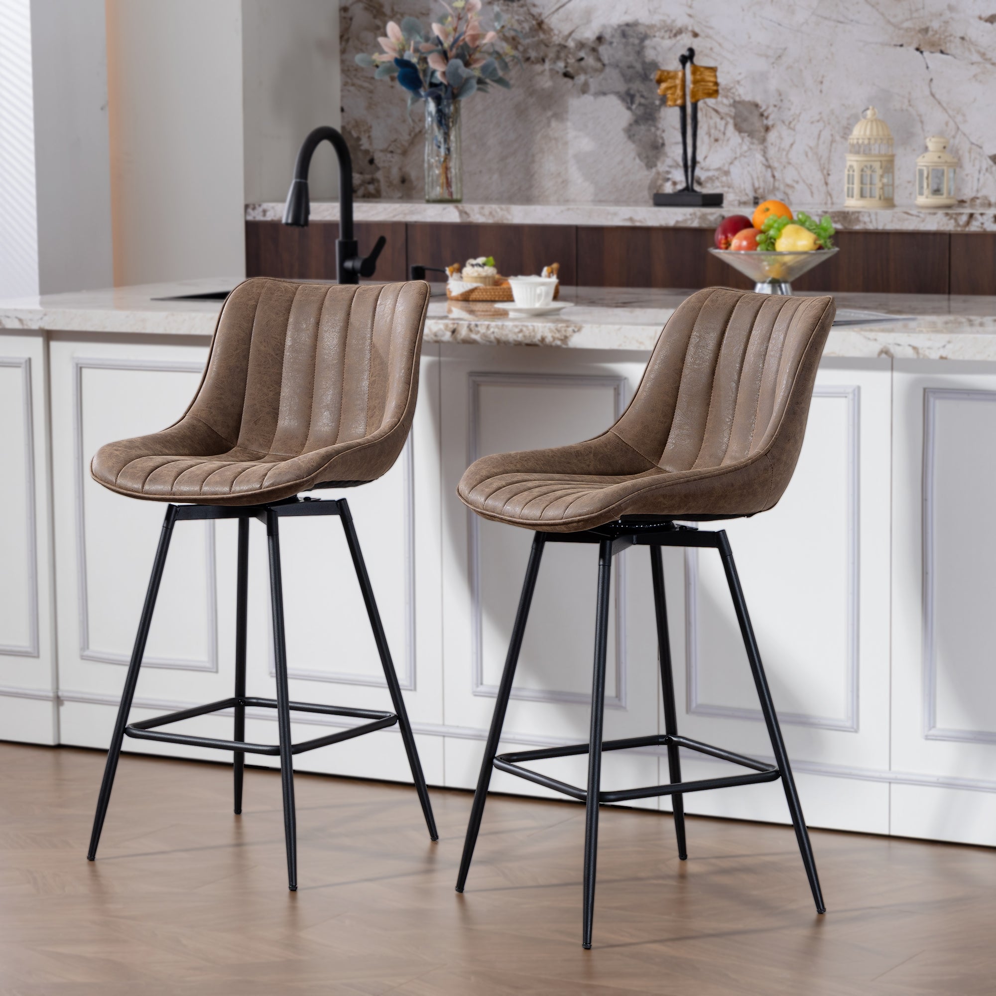 Lot de 2 Tabourets de Bar, Chaises de Bar Moderne en PU, Assise Rembourrée 68H cm à Pivotant à 360°, Dossier et Repose-Pieds, Pieds en Acier, Chaises Hautes Cuisine, Salle À Manger, Marron