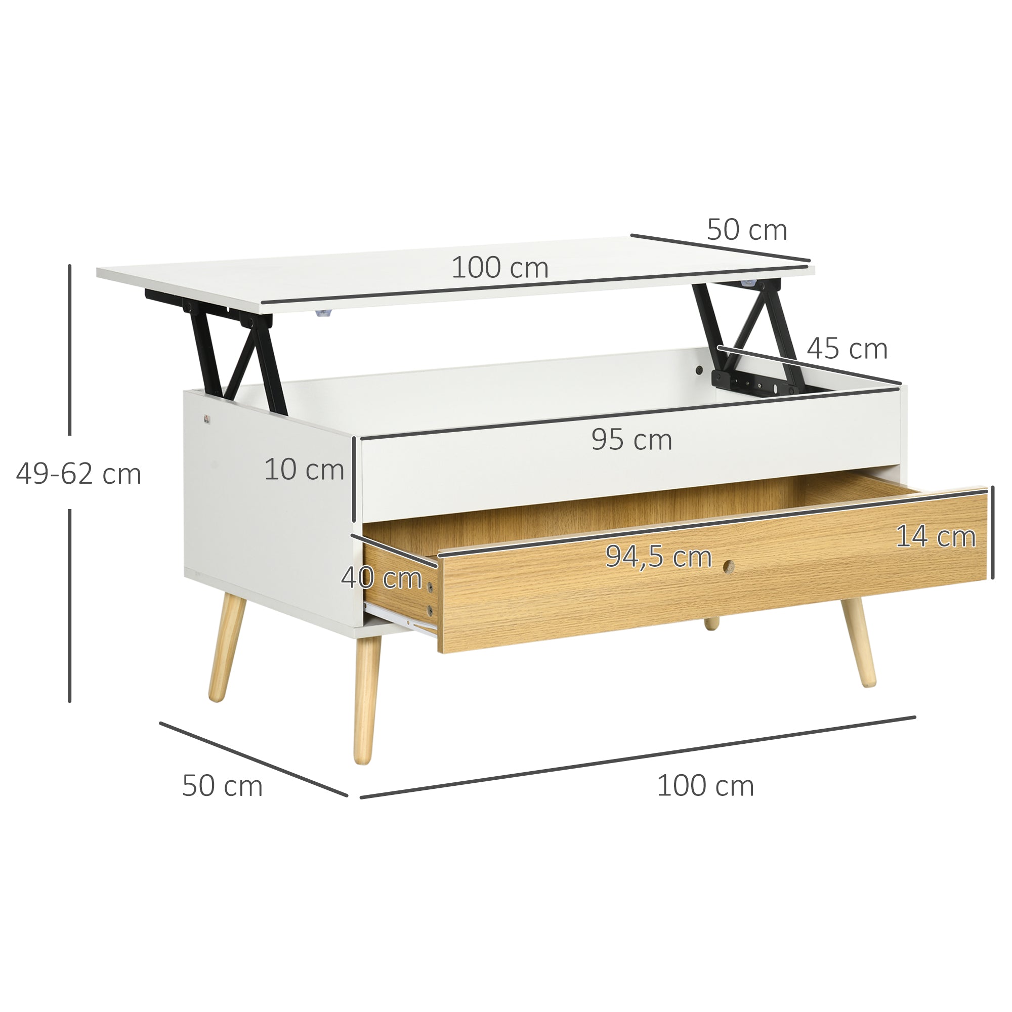 Table Basse relevable rectangulaire Table de Salon avec Plateau 1 tiroir et Coffre en Bois dim. 100L x 50l x 49H cm Blanc