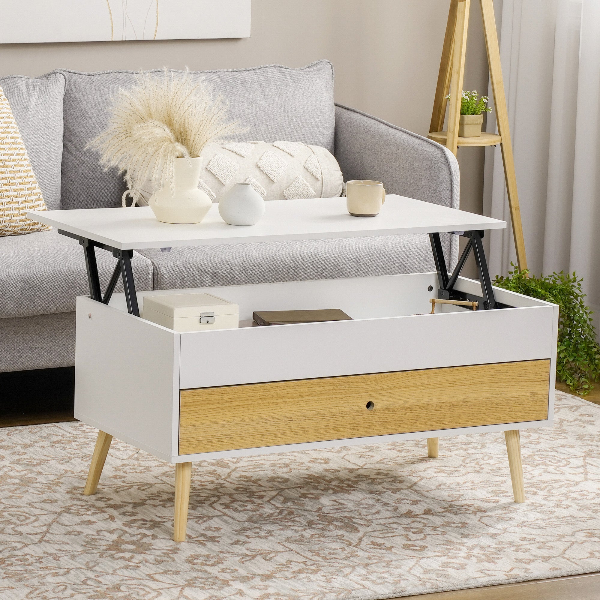 Table Basse relevable rectangulaire Table de Salon avec Plateau 1 tiroir et Coffre en Bois dim. 100L x 50l x 49H cm Blanc