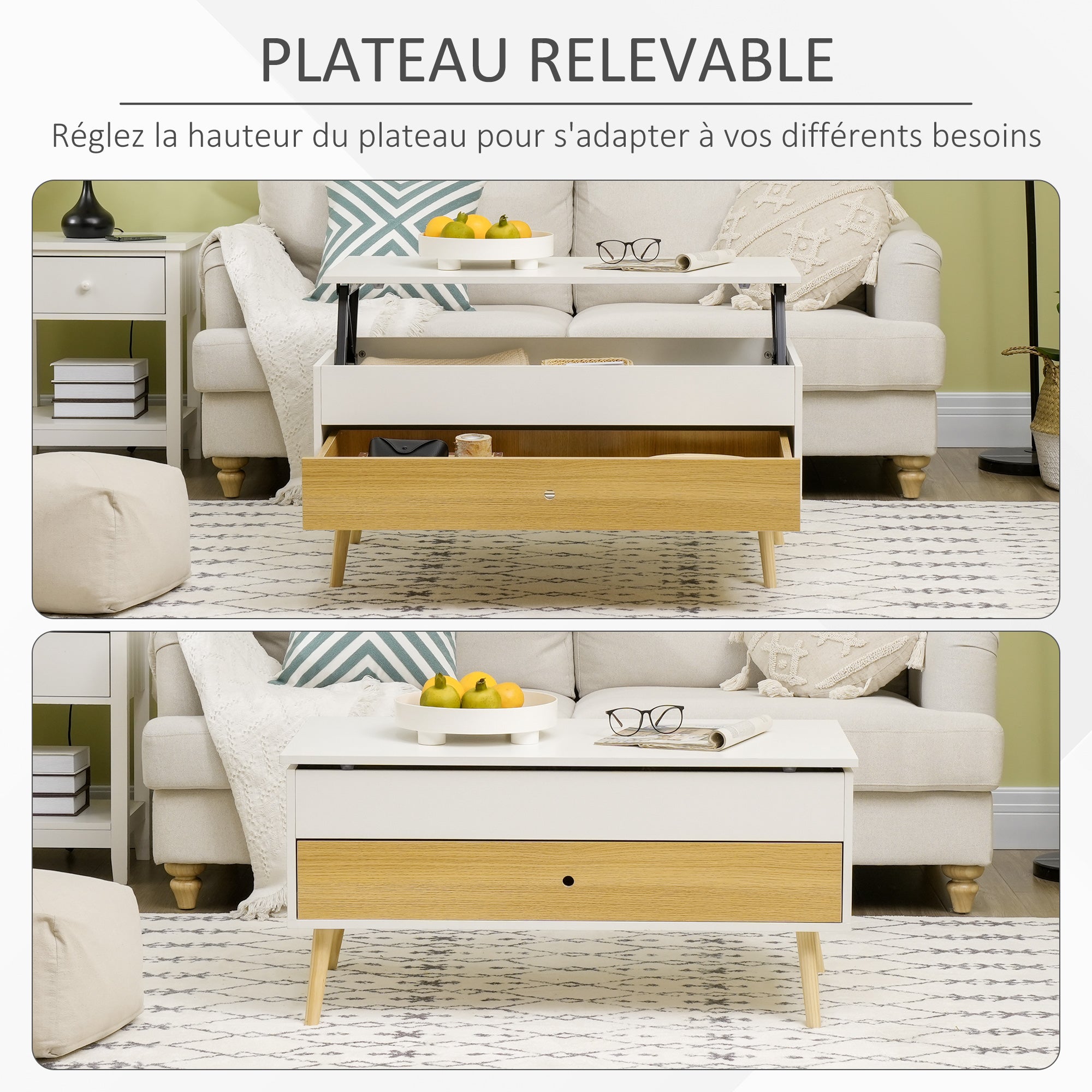 Table Basse relevable rectangulaire Table de Salon avec Plateau 1 tiroir et Coffre en Bois dim. 100L x 50l x 49H cm Blanc