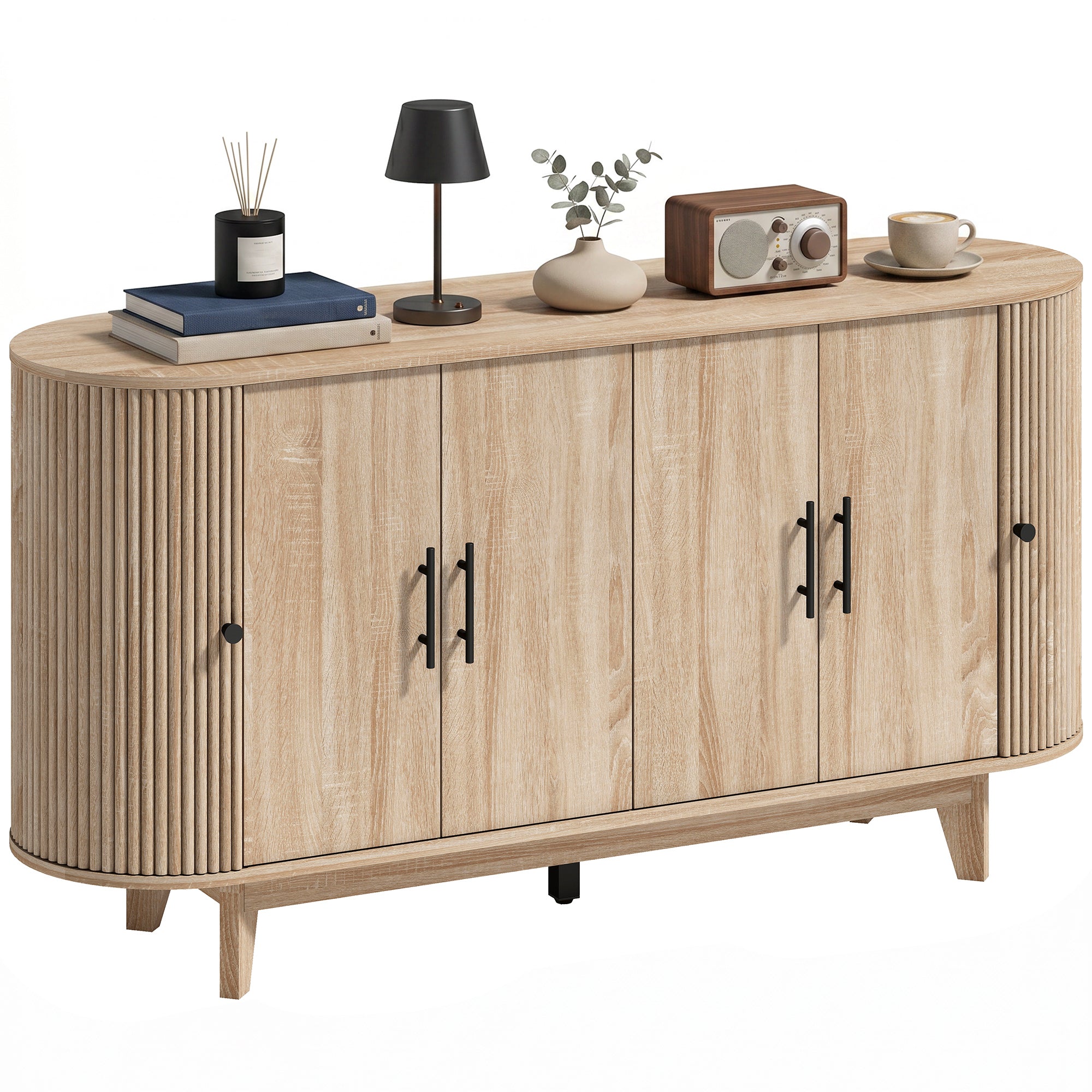 Buffet salon, meuble de rangement ovale avec 4 portes et 2 étagères réglables, meuble TV jusqu'à 65 pouces, style moderne, buffet salle à manger et cuisine, 147x40x76cm, chêne