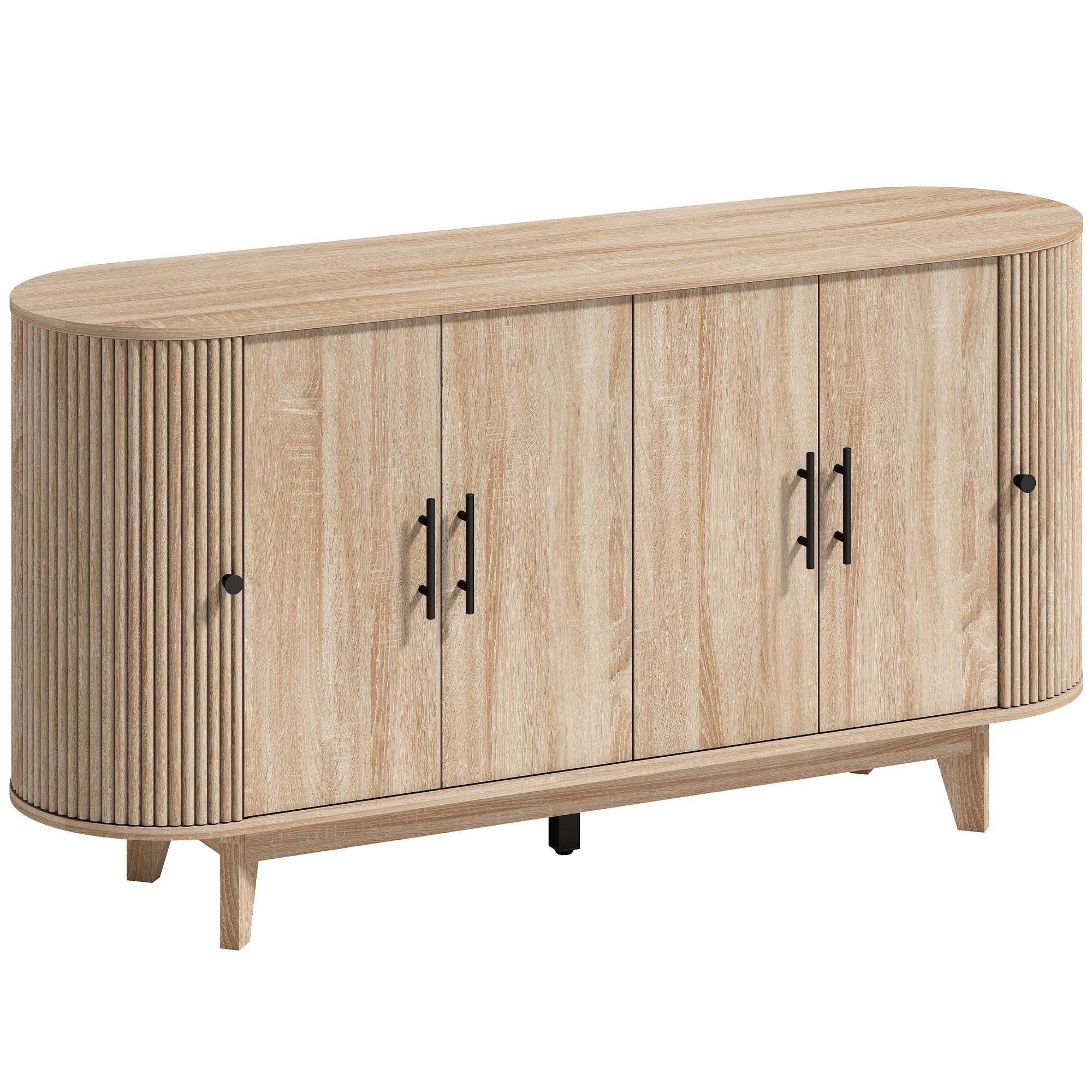 Buffet salon, meuble de rangement ovale avec 4 portes et 2 étagères réglables, meuble TV jusqu'à 65 pouces, style moderne, buffet salle à manger et cuisine, 147x40x76cm, chêne