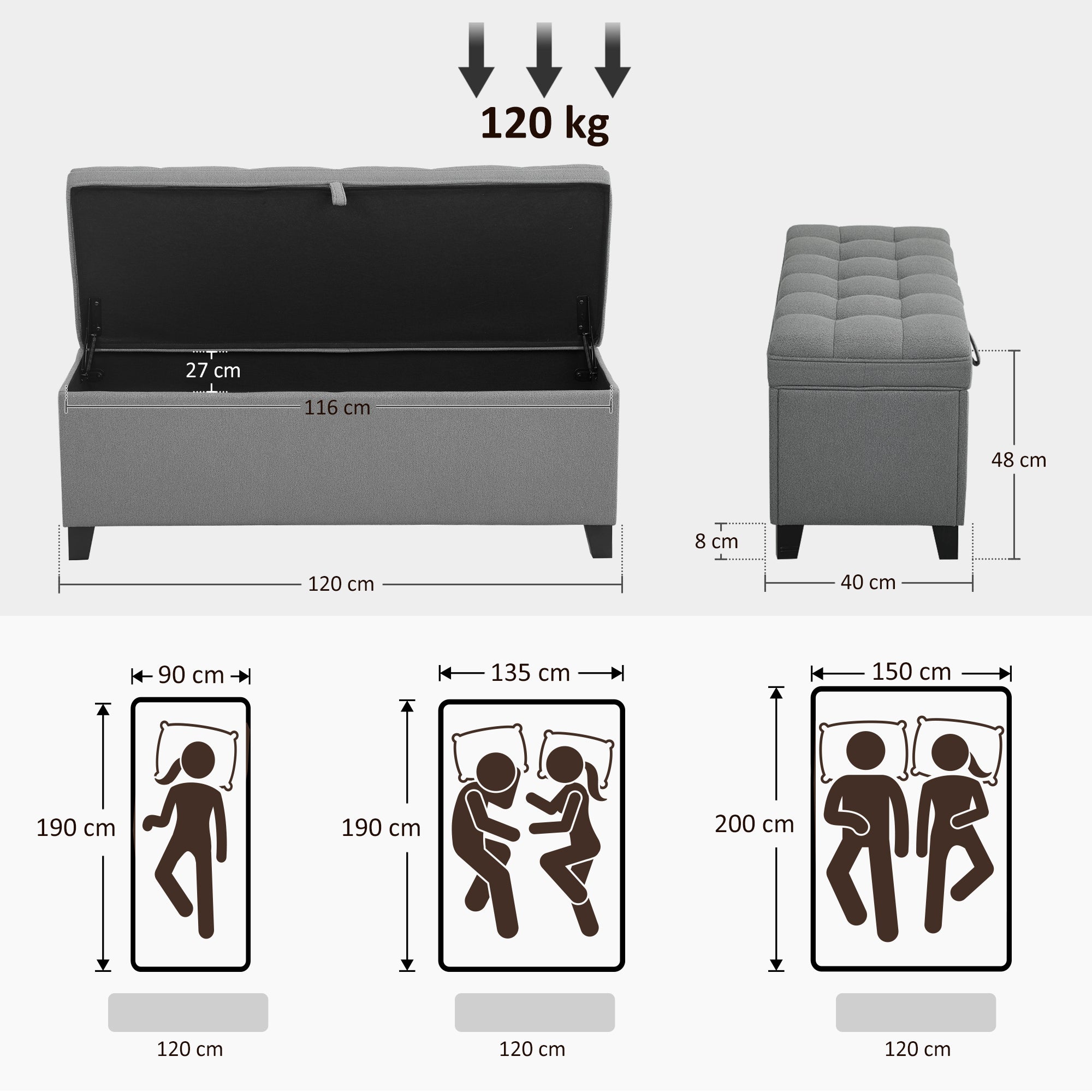 Banc de rangement 112L banquette bout de lit coffre de rangement avec siège capitonné, tissu de lin, pour salon, chambre, entrée, 120 x 40 x 48 cm, gris foncé