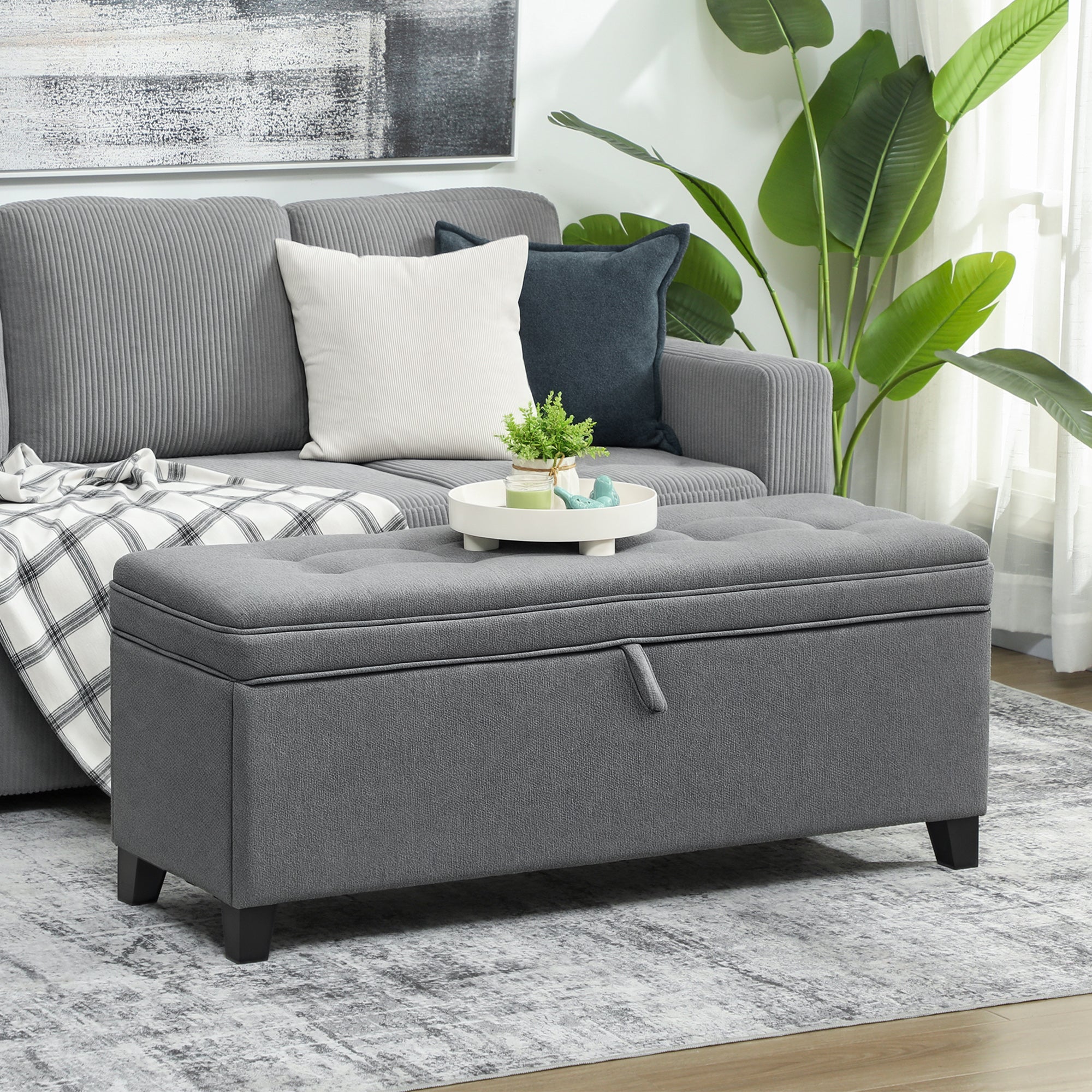 Banc de rangement 112L banquette bout de lit coffre de rangement avec siège capitonné, tissu de lin, pour salon, chambre, entrée, 120 x 40 x 48 cm, gris foncé