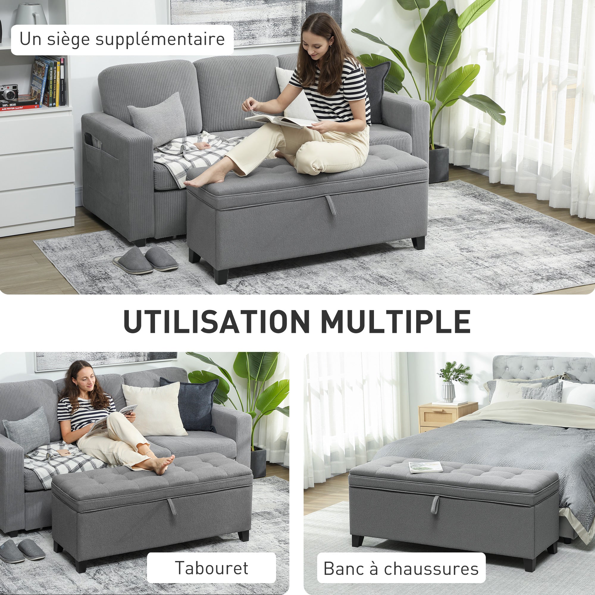 Banc de rangement 112L banquette bout de lit coffre de rangement avec siège capitonné, tissu de lin, pour salon, chambre, entrée, 120 x 40 x 48 cm, gris foncé