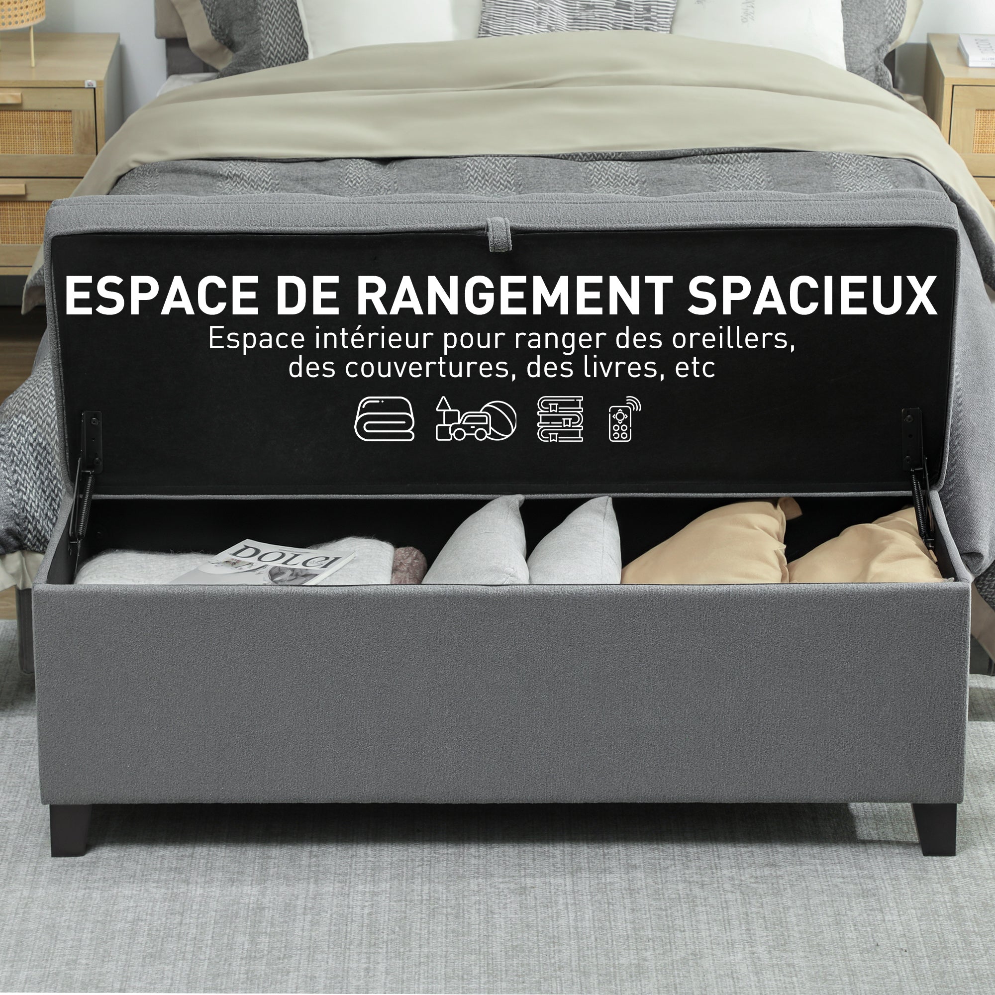 Banc de rangement 112L banquette bout de lit coffre de rangement avec siège capitonné, tissu de lin, pour salon, chambre, entrée, 120 x 40 x 48 cm, gris foncé